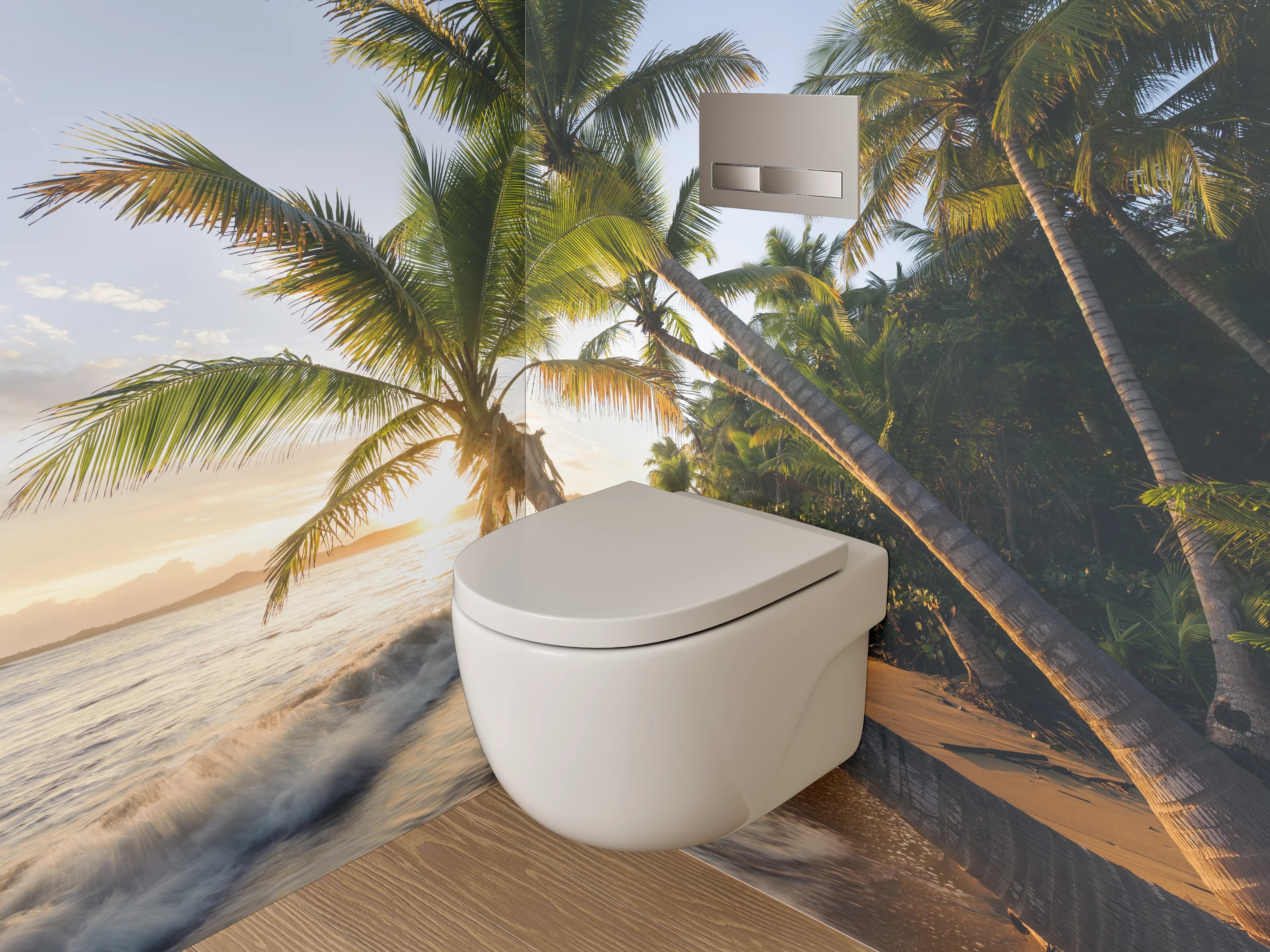WC-Rückwand - Exotischer Sonnenuntergang am Palmenstrand