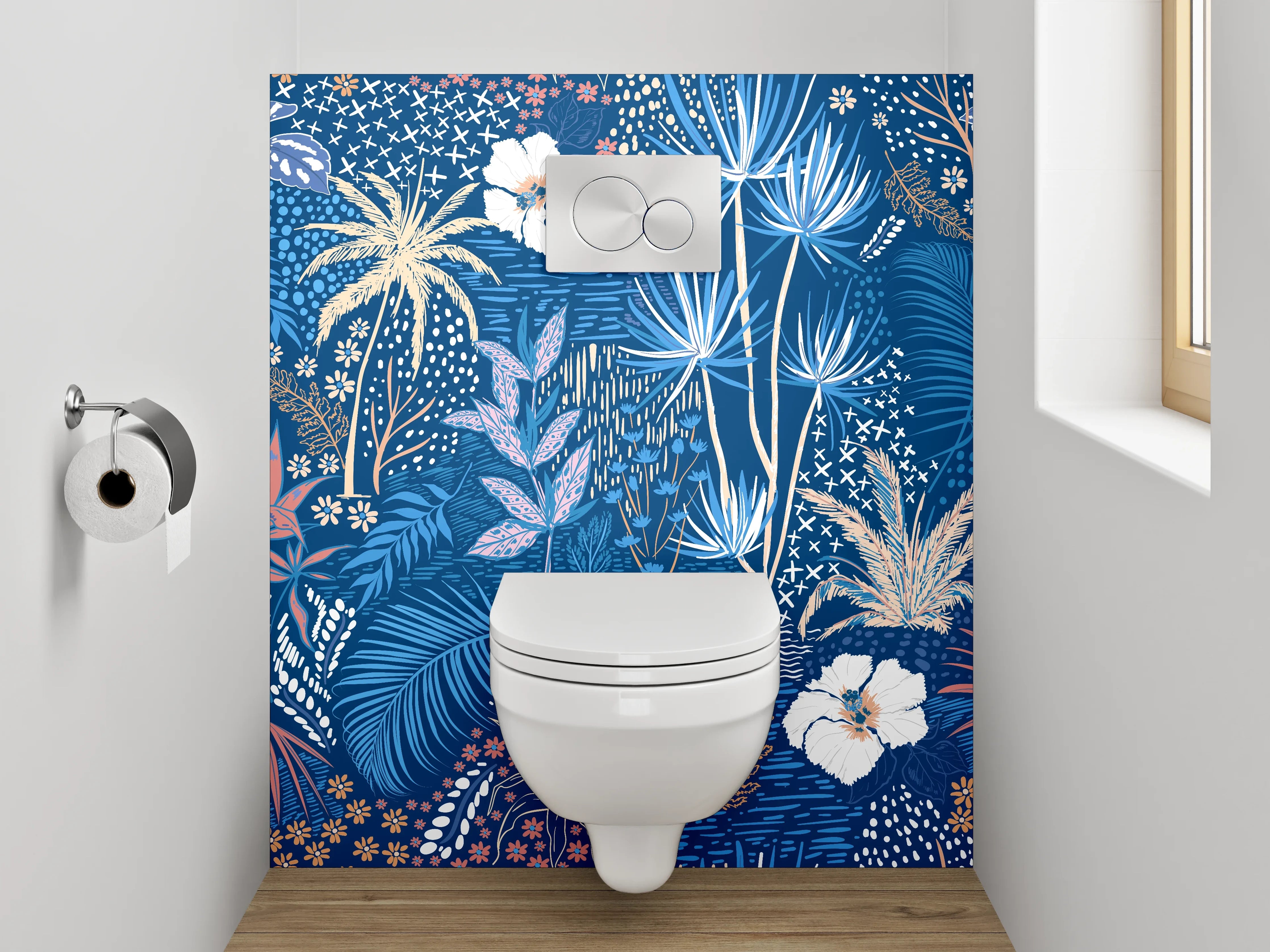 WC-Rückwand - Exotisches Botanical Muster auf Blau