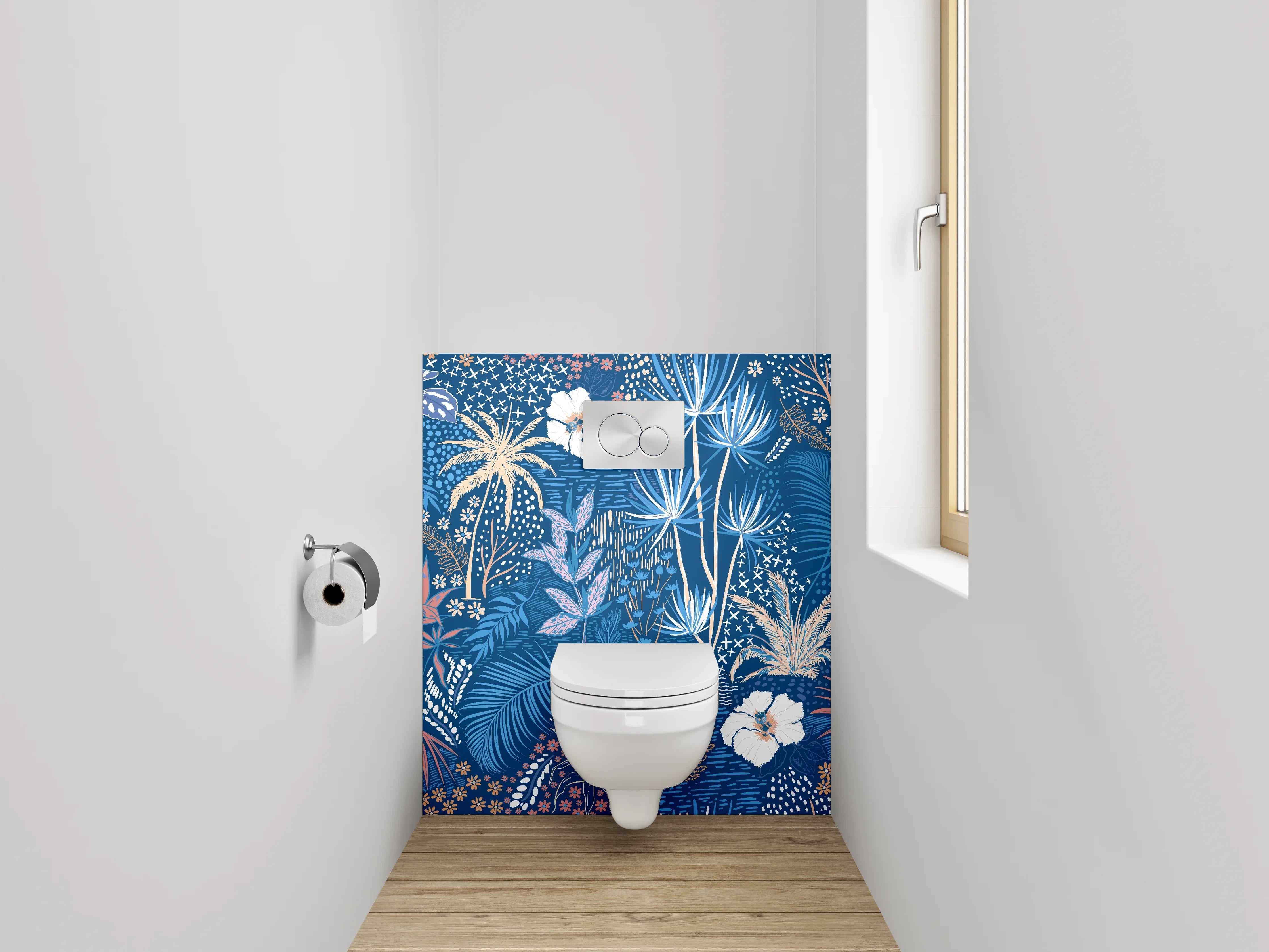 WC-Rückwand - Exotisches Botanical Muster auf Blau
