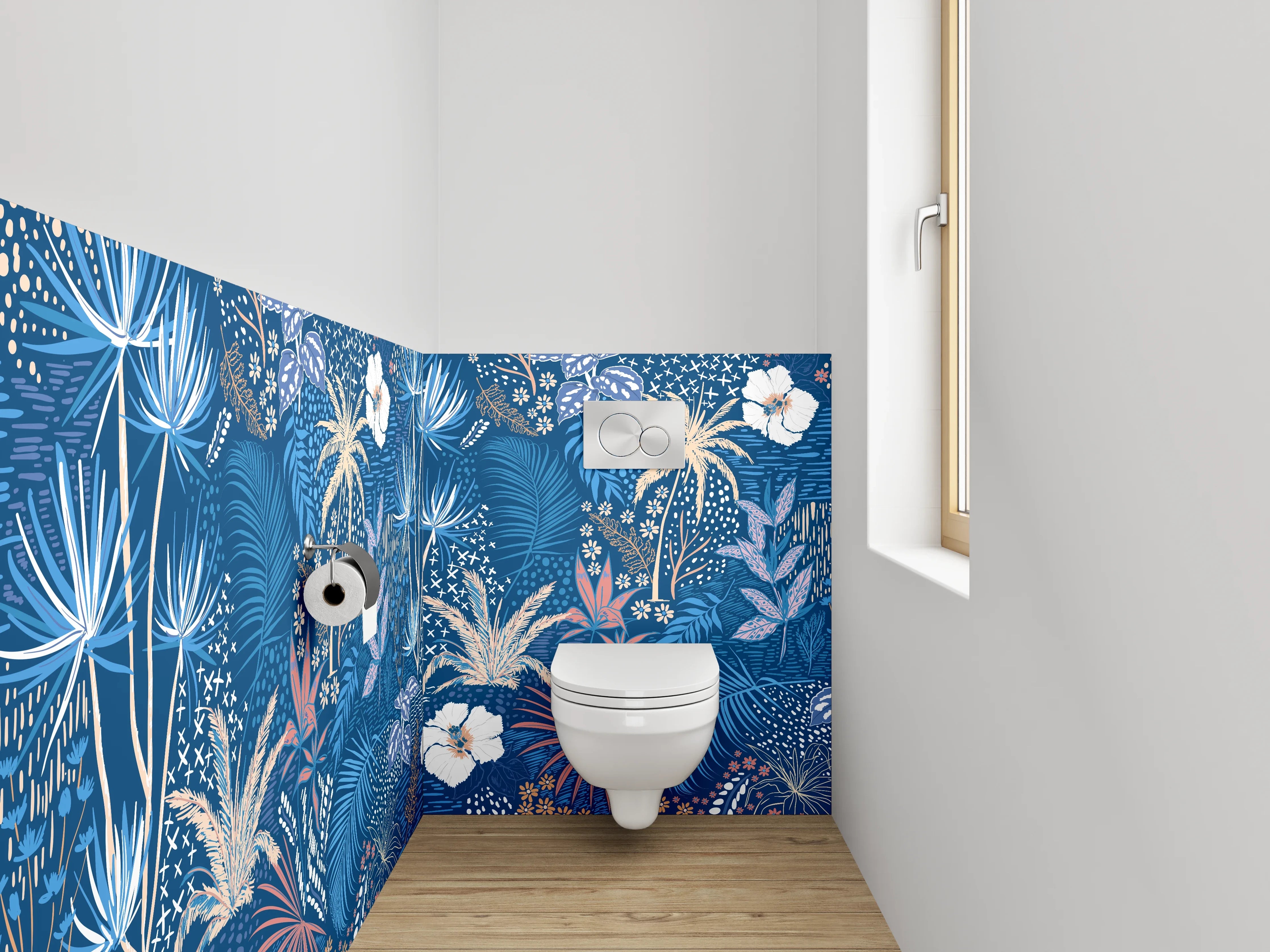 WC-Rückwand - Exotisches Botanical Muster auf Blau