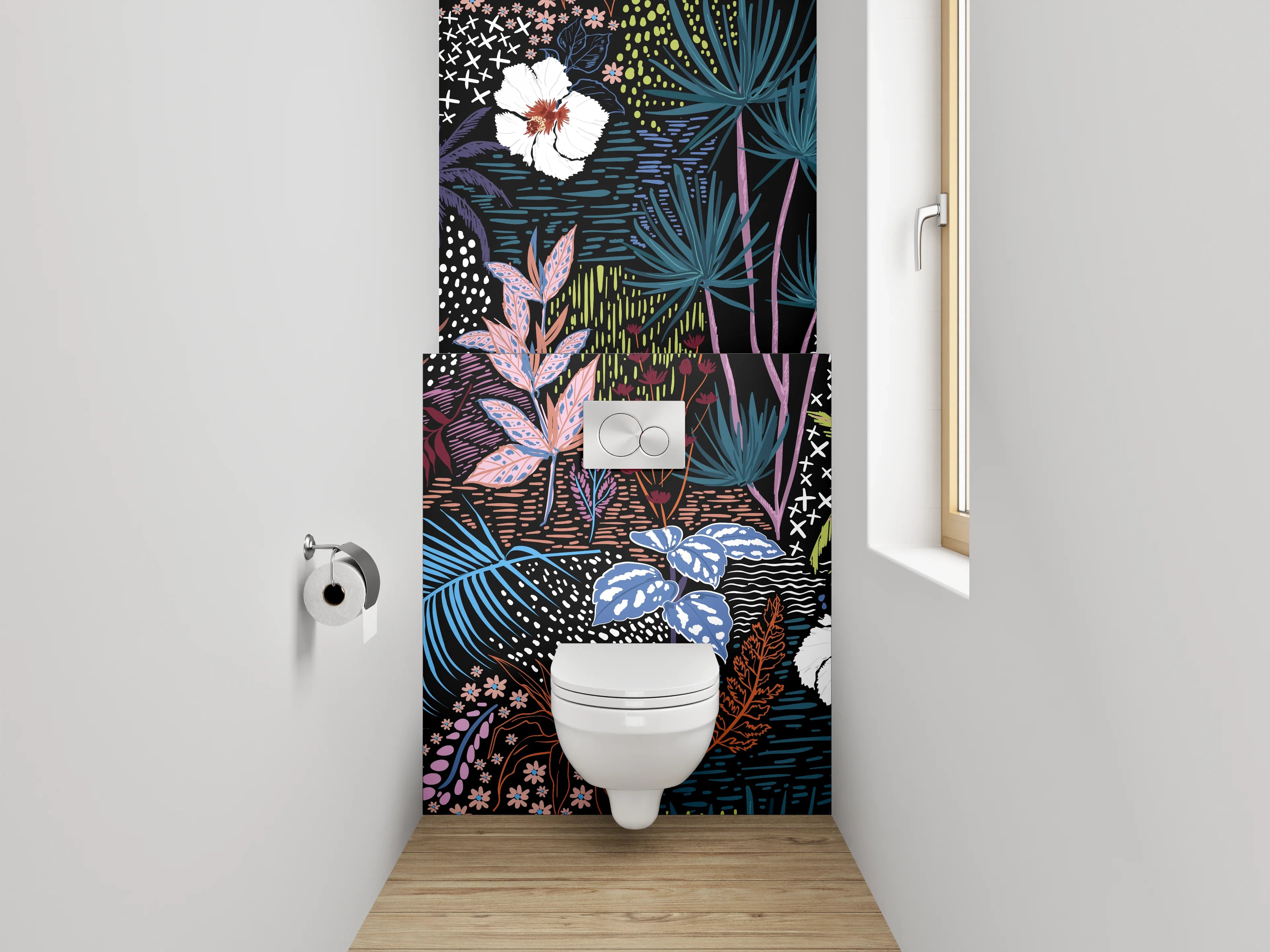 WC-Rückwand - Exotisches Dschungel-Muster mit Hibiskus