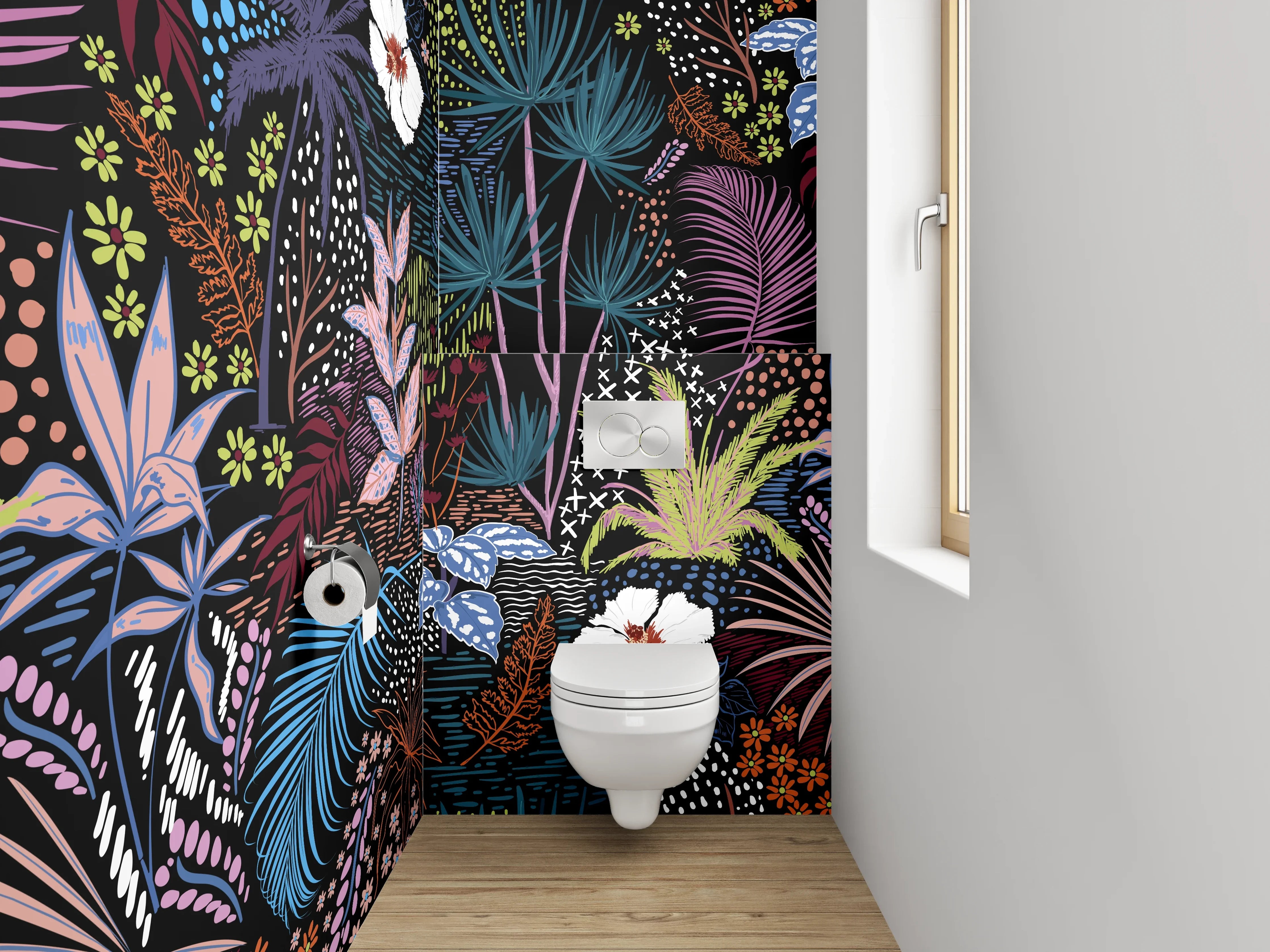 WC-Rückwand - Exotisches Dschungel-Muster mit Hibiskus