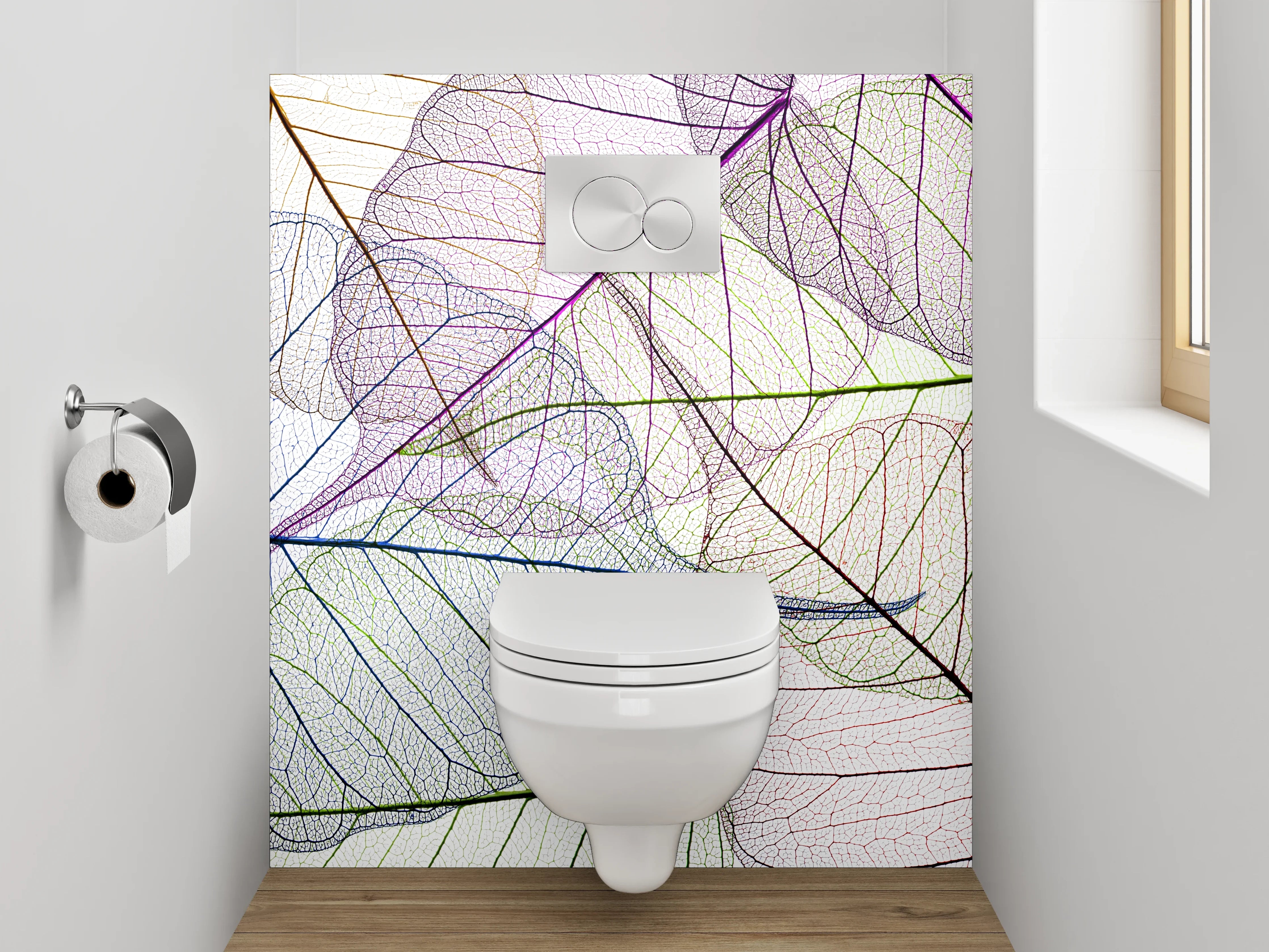 WC-Rückwand - Farbenfrohe Blattskelette auf Weiß