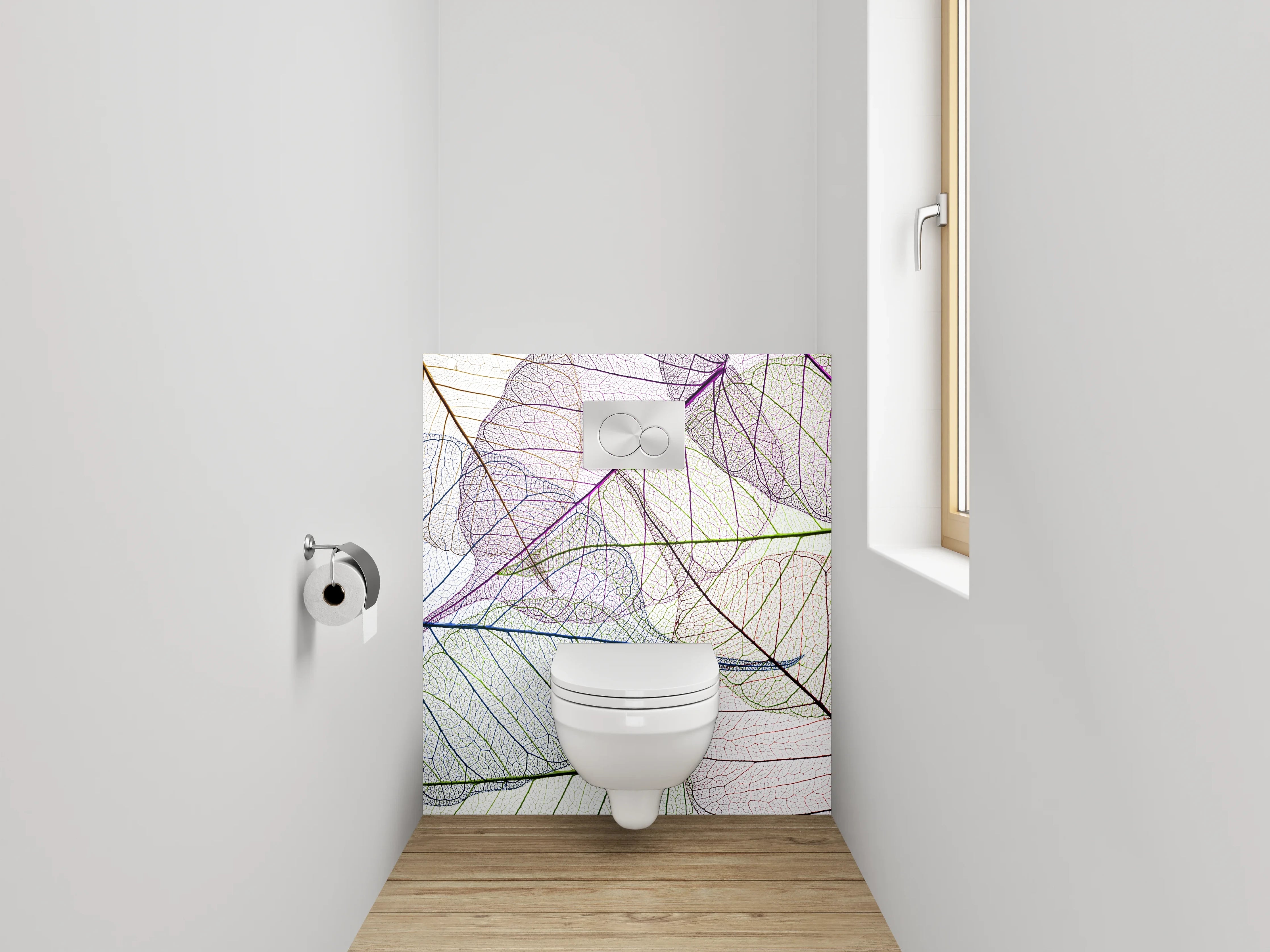 WC-Rückwand - Farbenfrohe Blattskelette auf Weiß