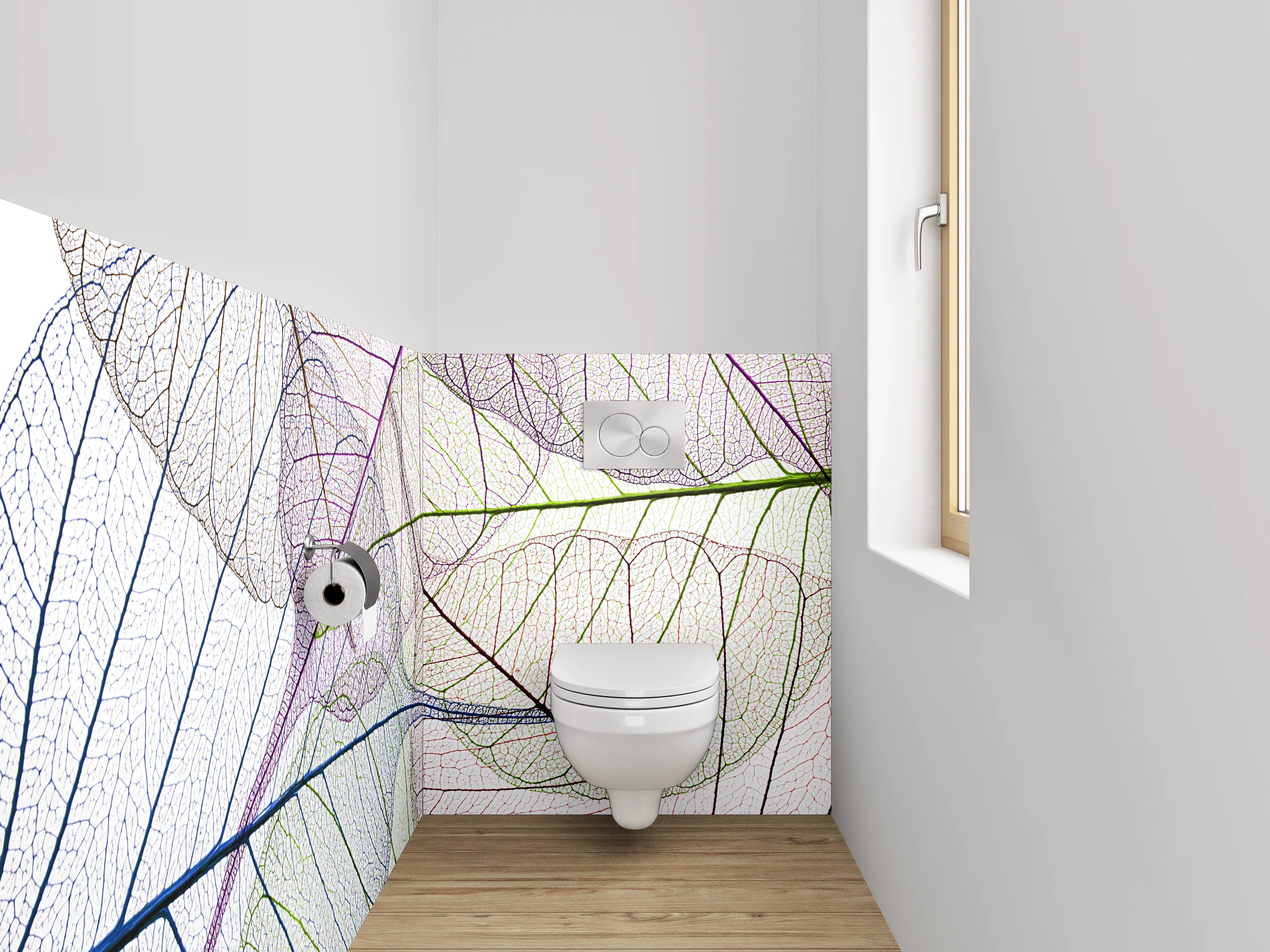 WC-Rückwand - Farbenfrohe Blattskelette auf Weiß