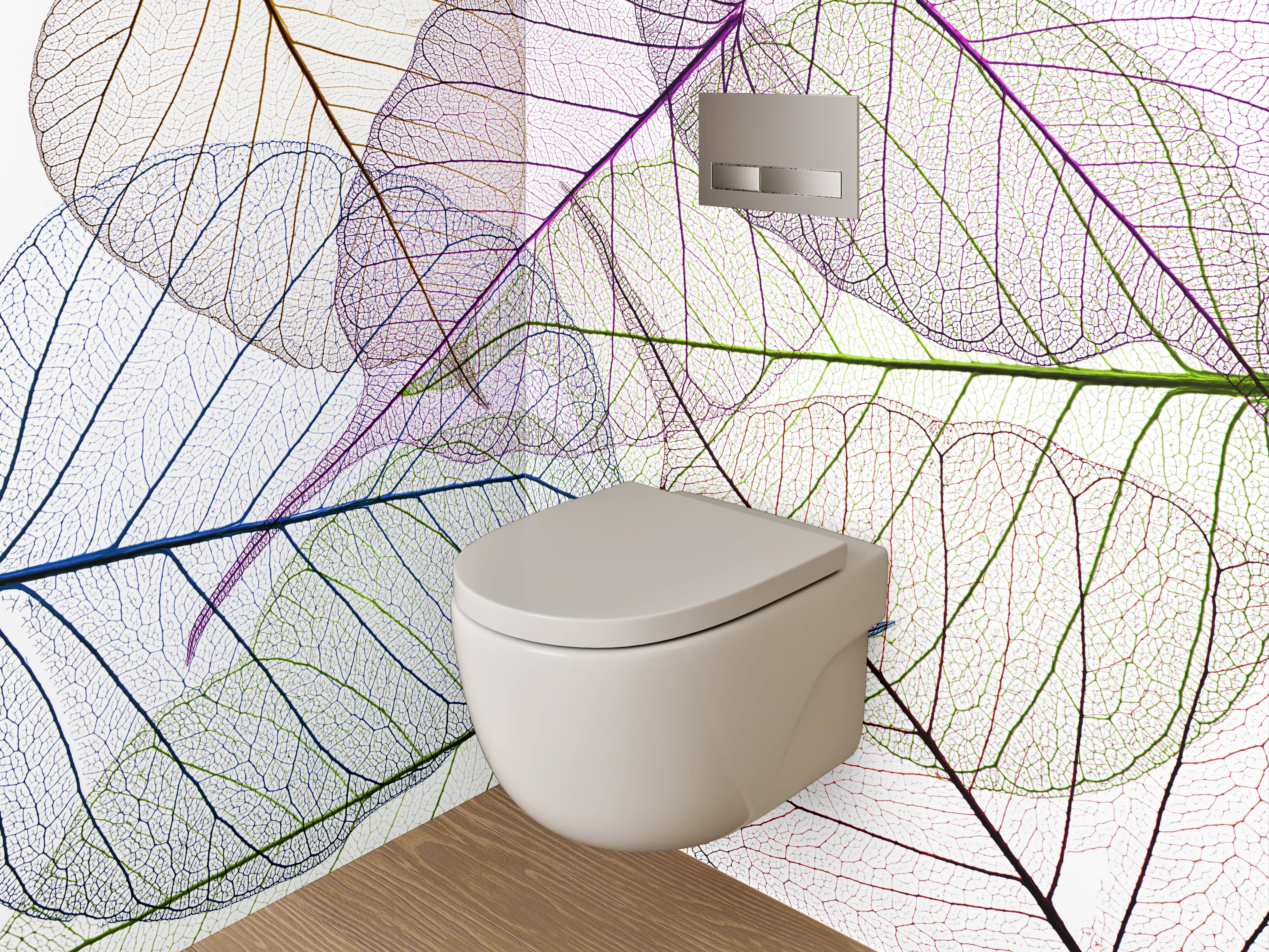 WC-Rückwand - Farbenfrohe Blattskelette auf Weiß
