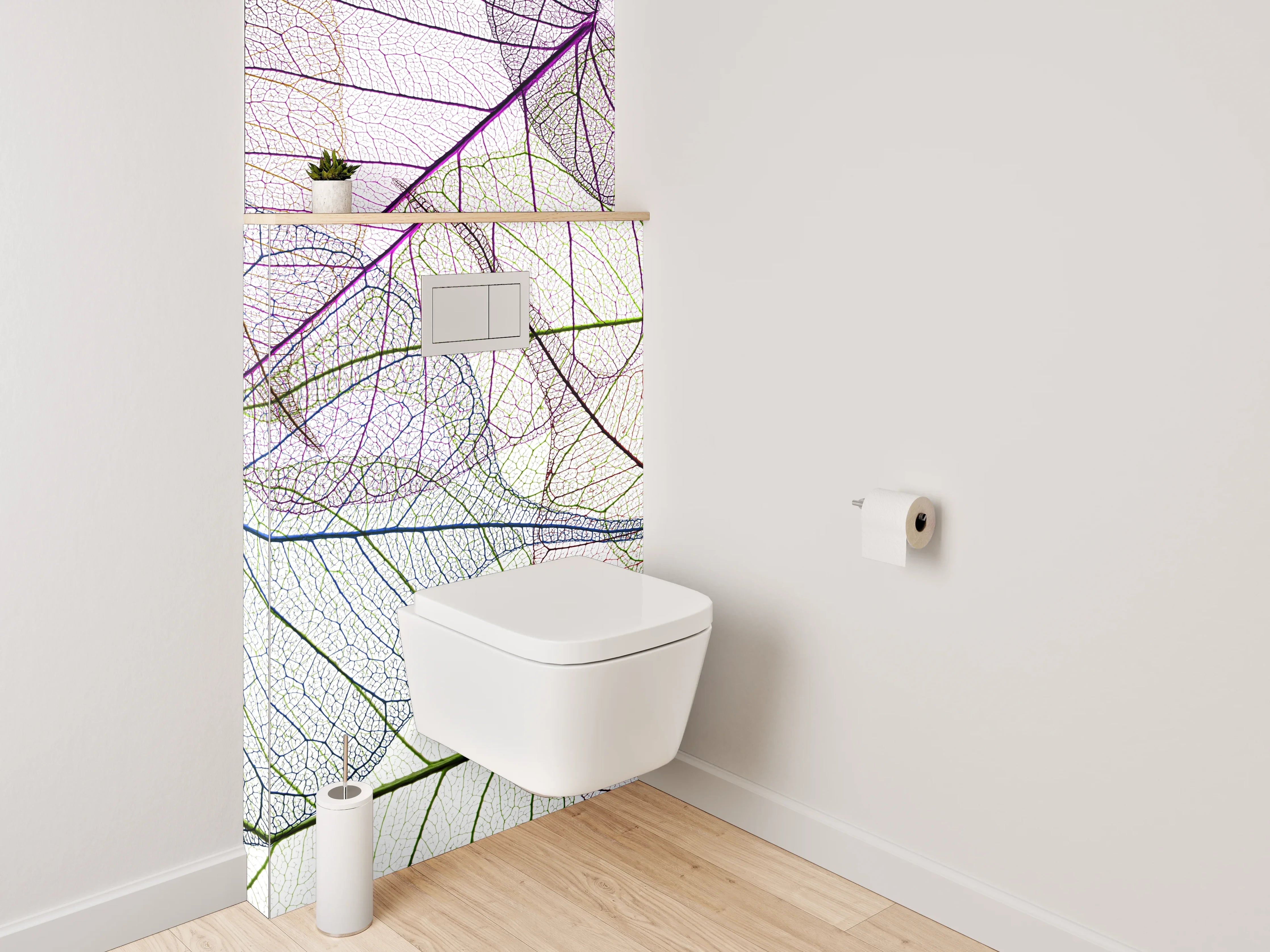 WC-Rückwand - Farbenfrohe Blattskelette auf Weiß