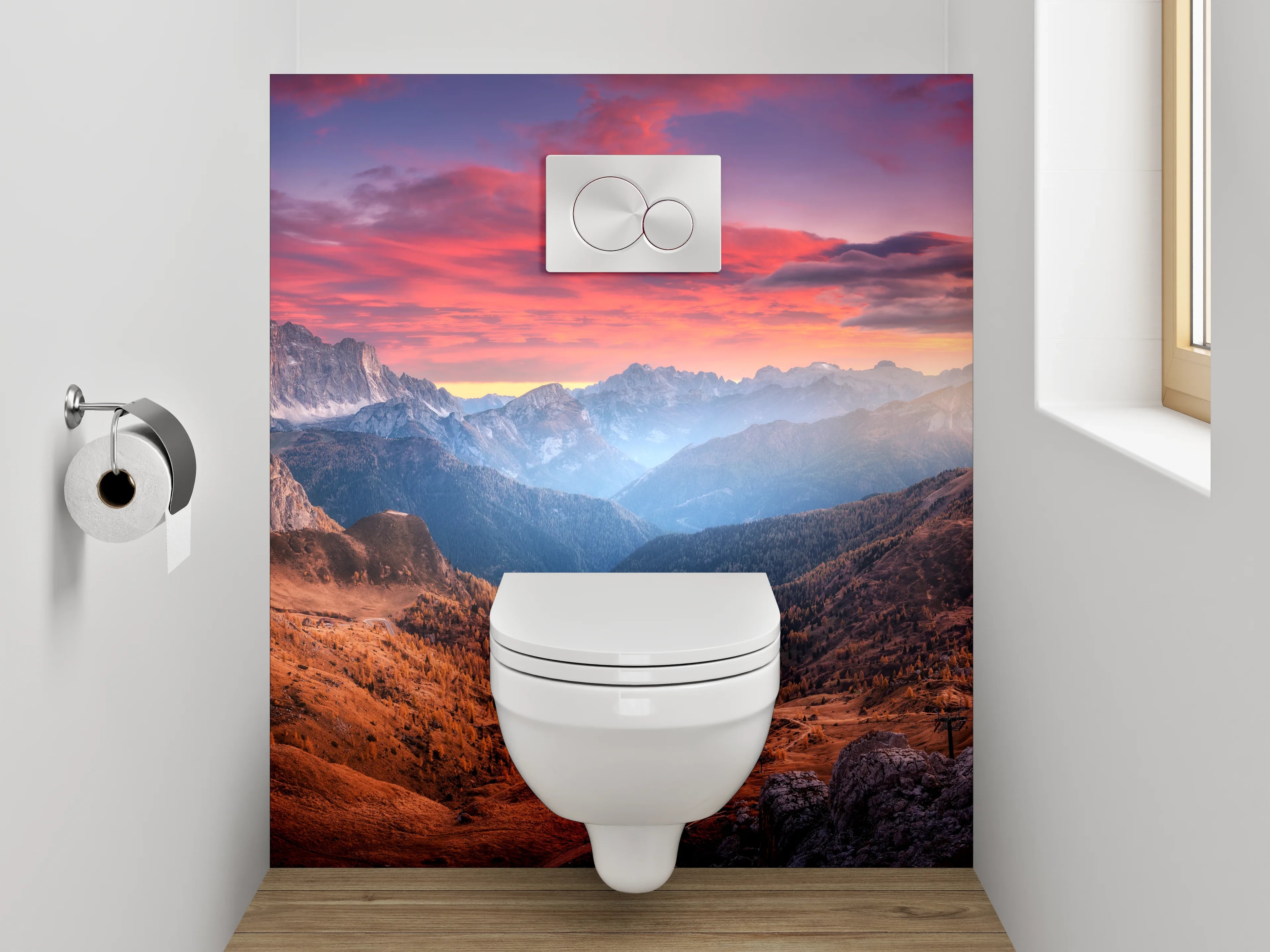 WC-Rückwand - Farbenprächtiger Sonnenuntergang in den Bergen