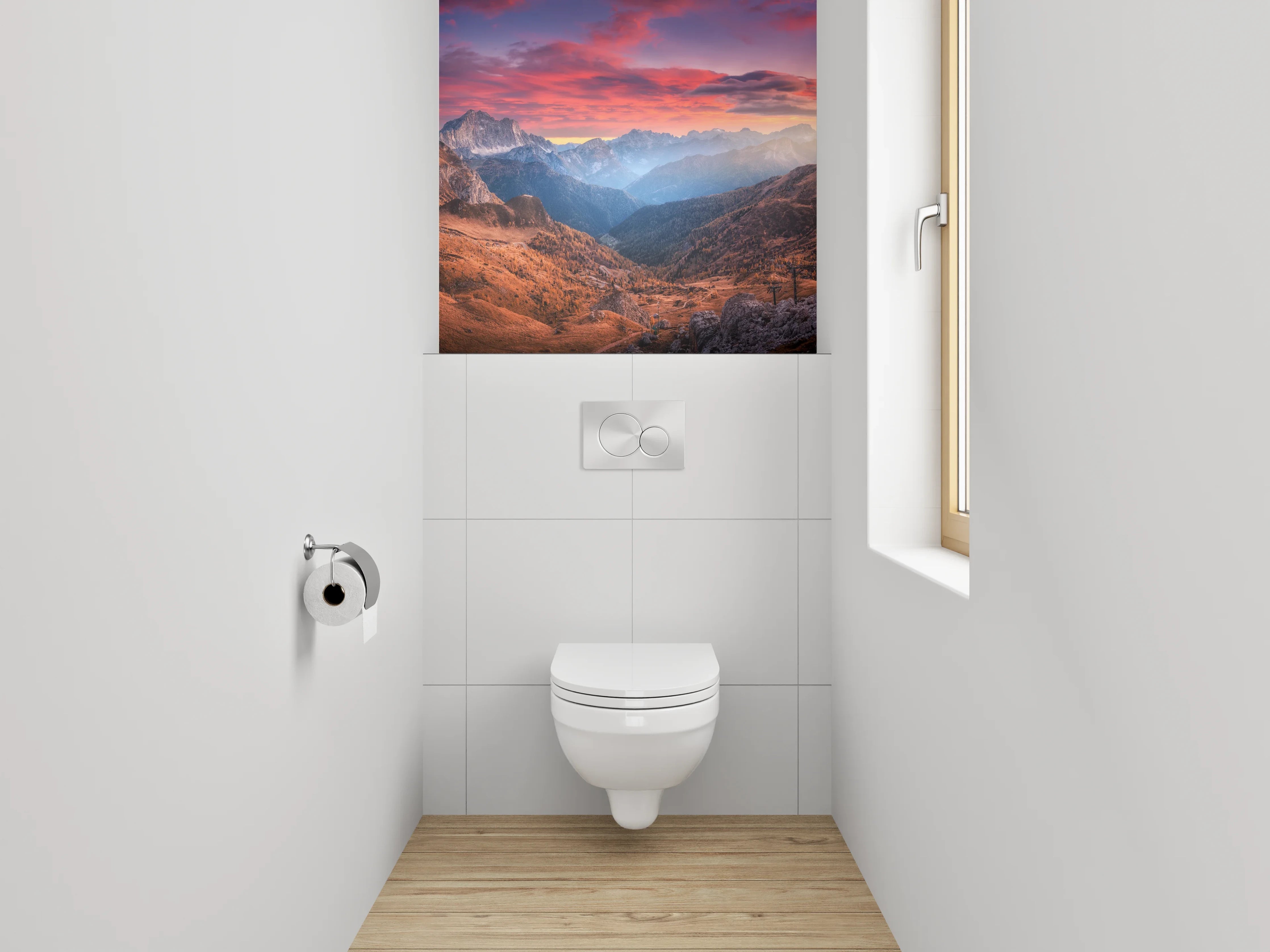 WC-Rückwand - Farbenprächtiger Sonnenuntergang in den Bergen