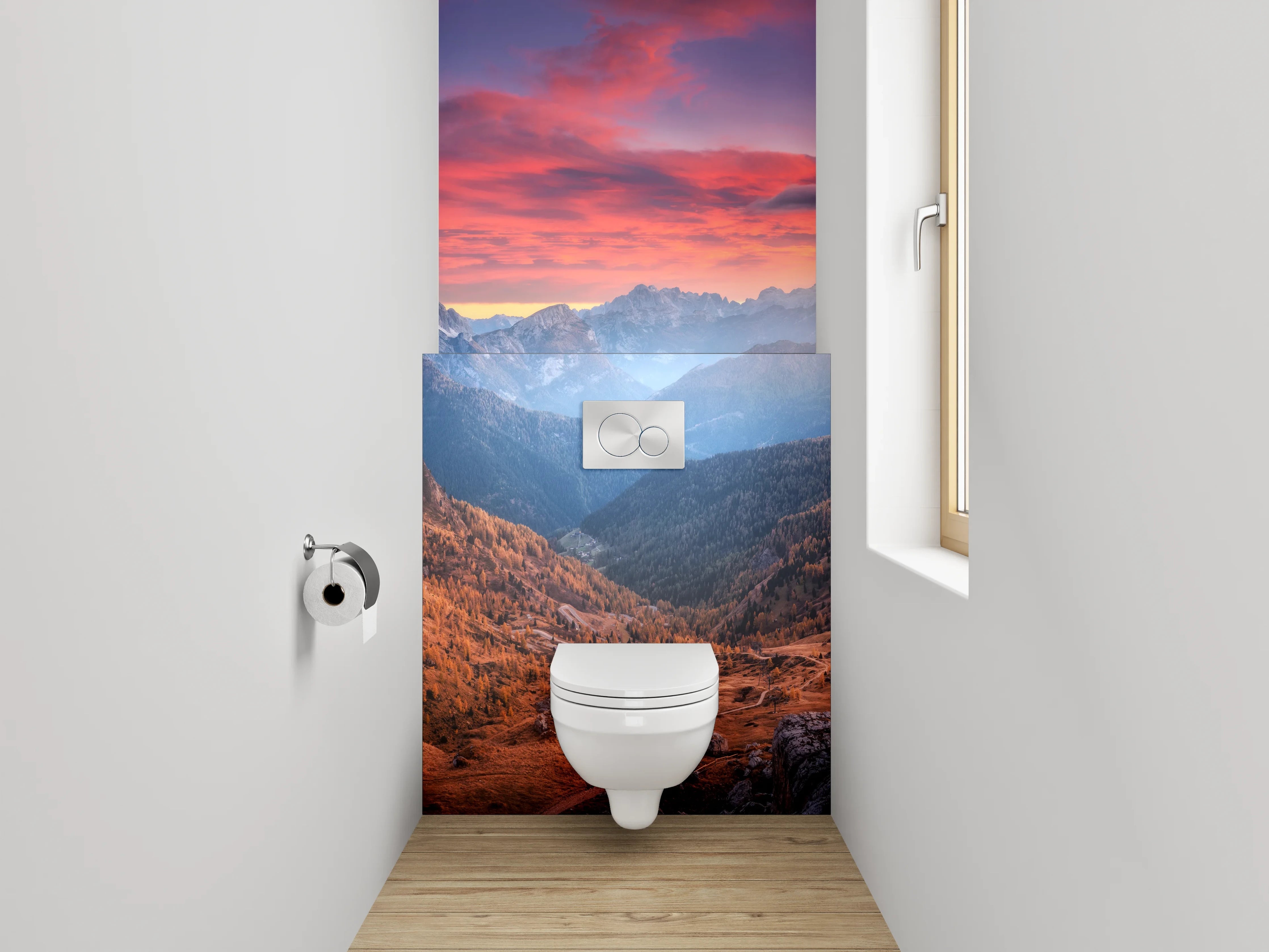 WC-Rückwand - Farbenprächtiger Sonnenuntergang in den Bergen