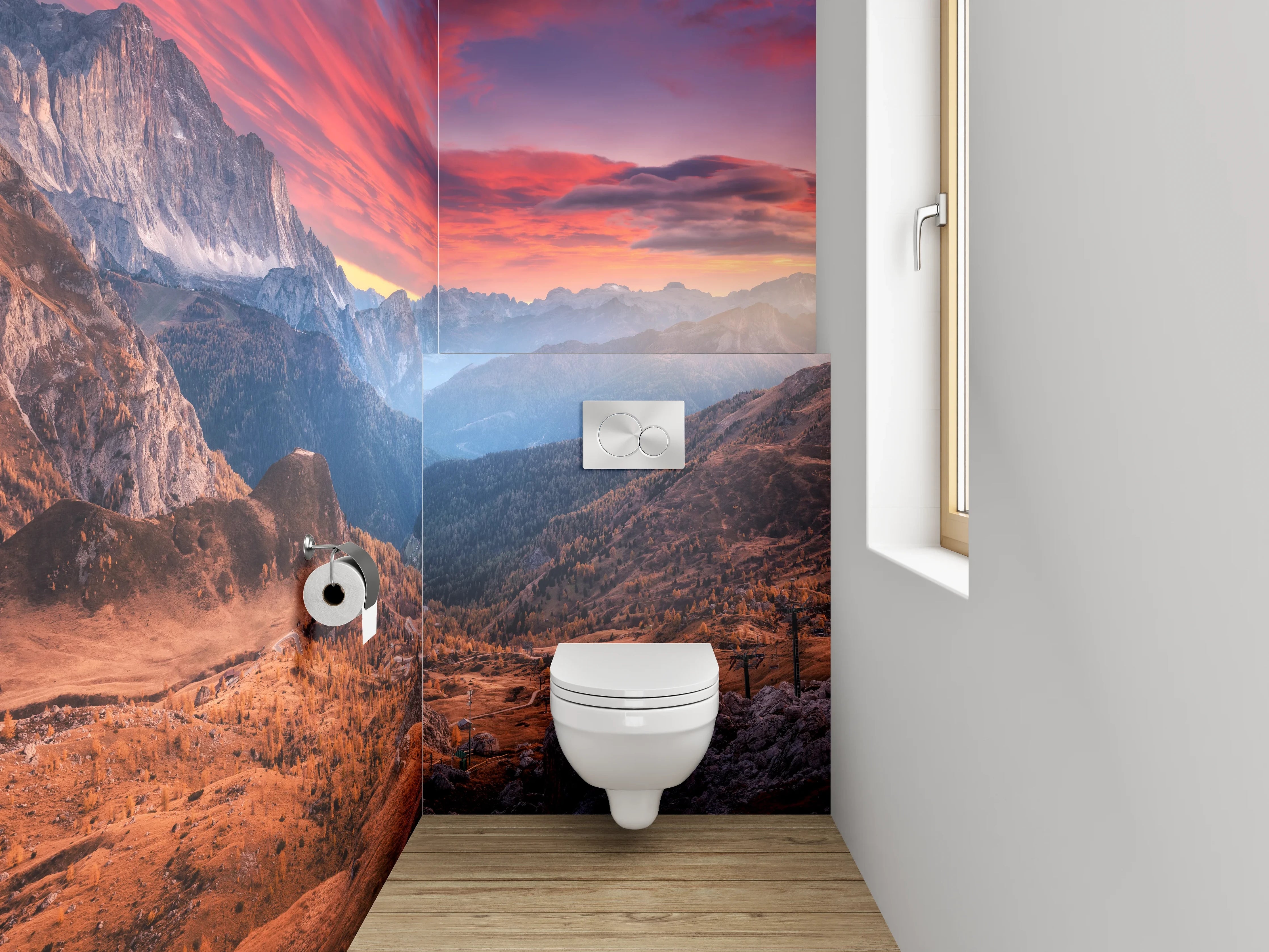 WC-Rückwand - Farbenprächtiger Sonnenuntergang in den Bergen