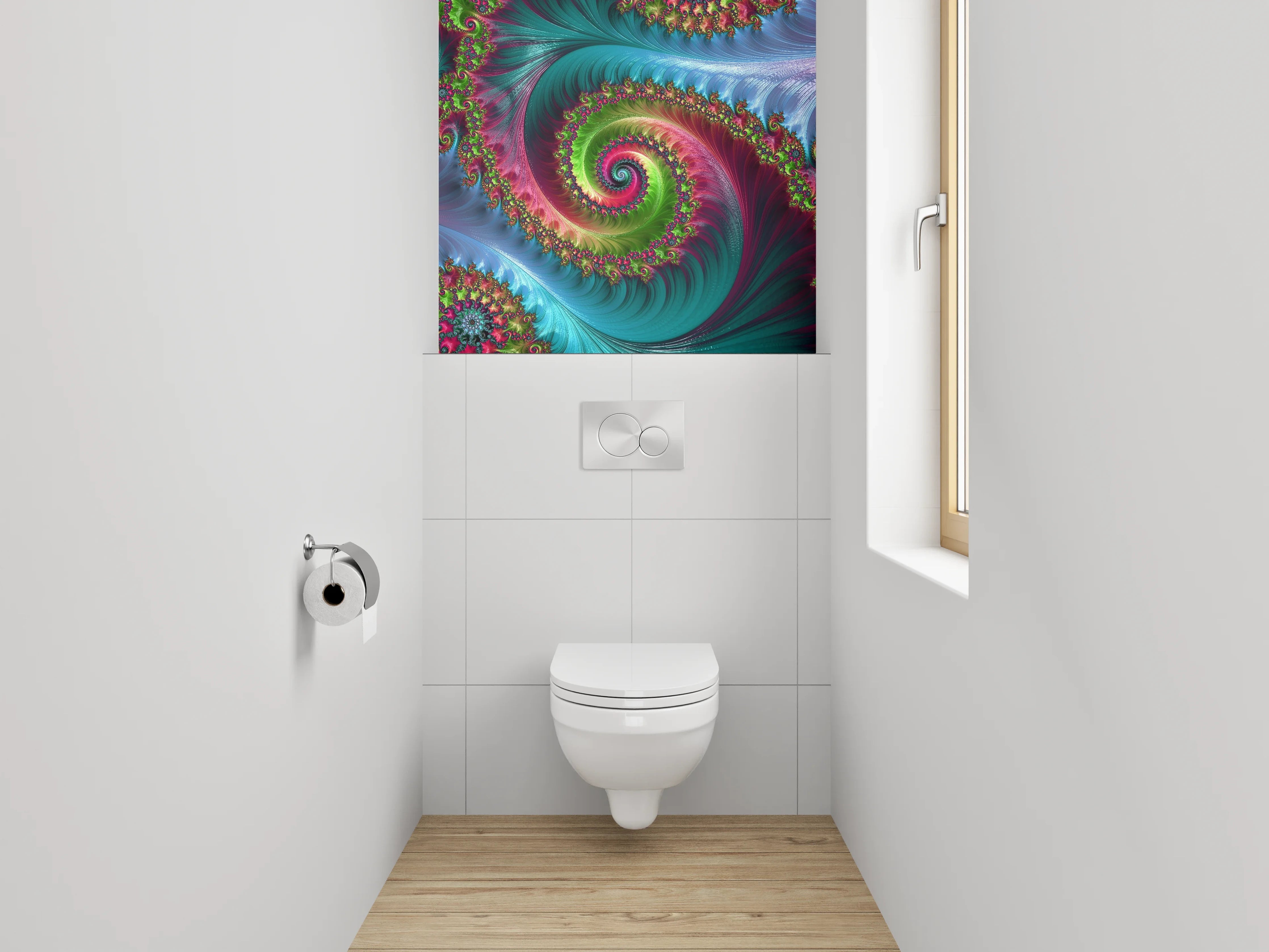 WC-Rückwand - Faszinierende Fraktal-Spiralen in kräftigen Farben