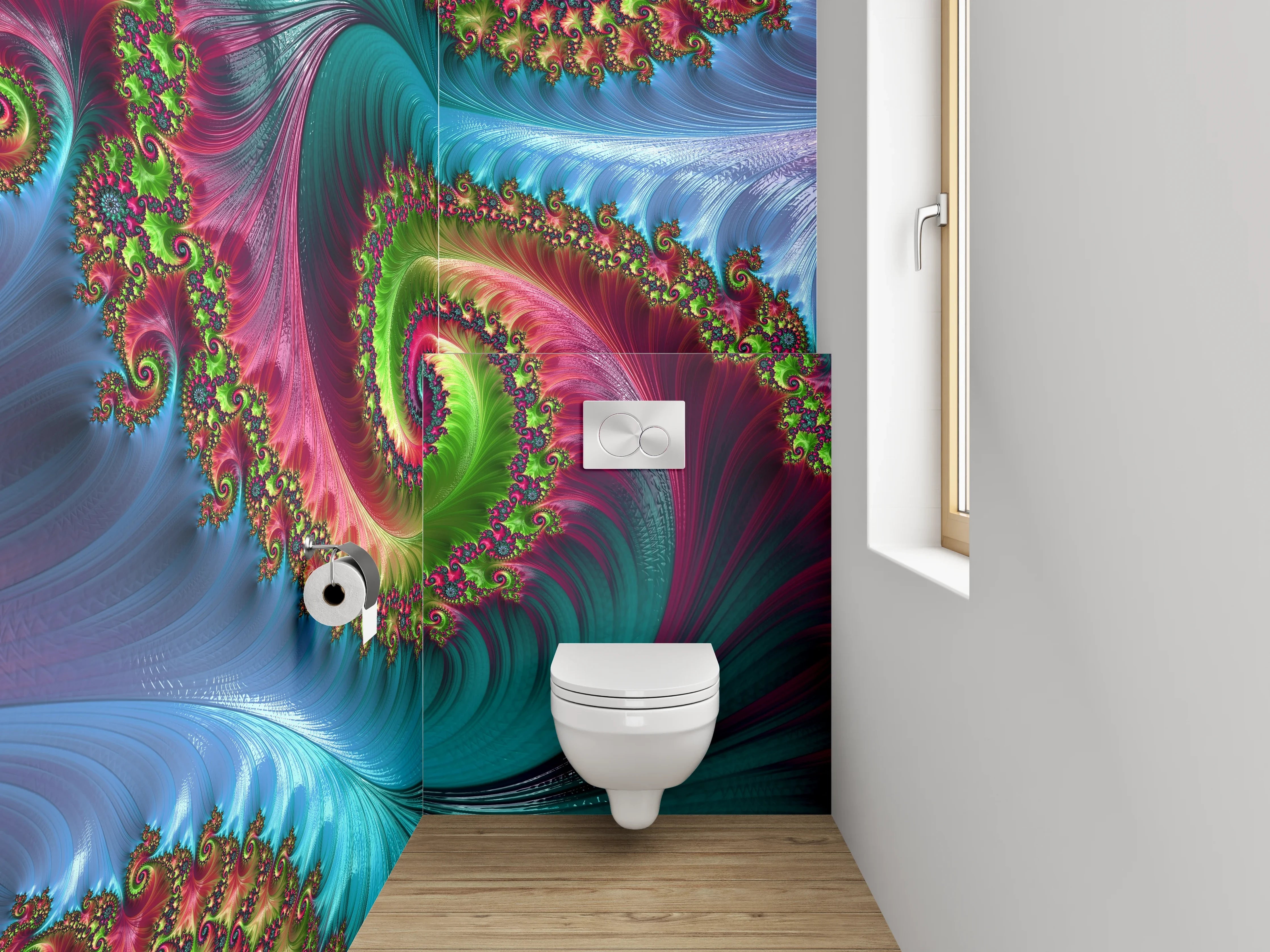 WC-Rückwand - Faszinierende Fraktal-Spiralen in kräftigen Farben