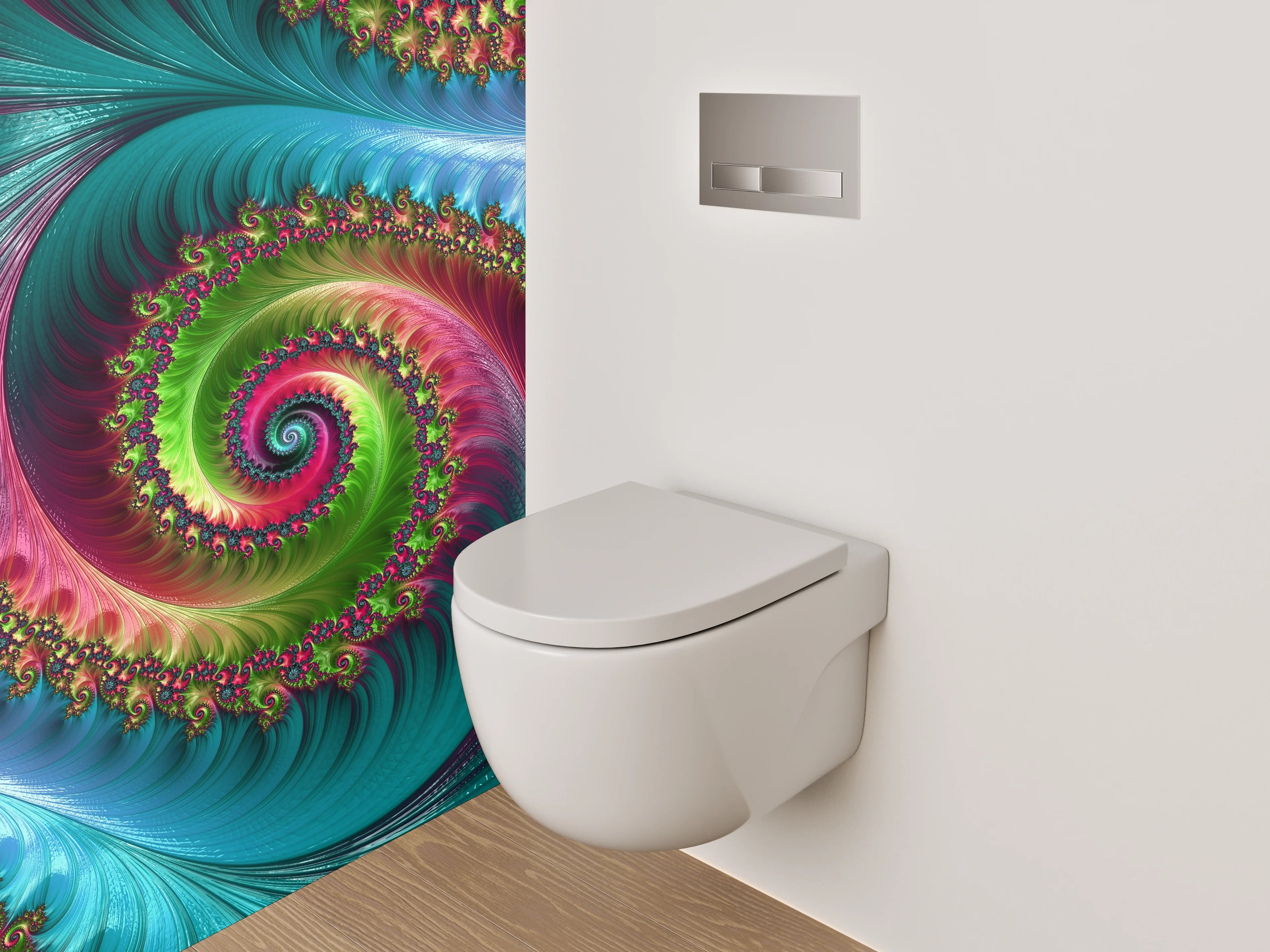 WC-Rückwand - Faszinierende Fraktal-Spiralen in kräftigen Farben