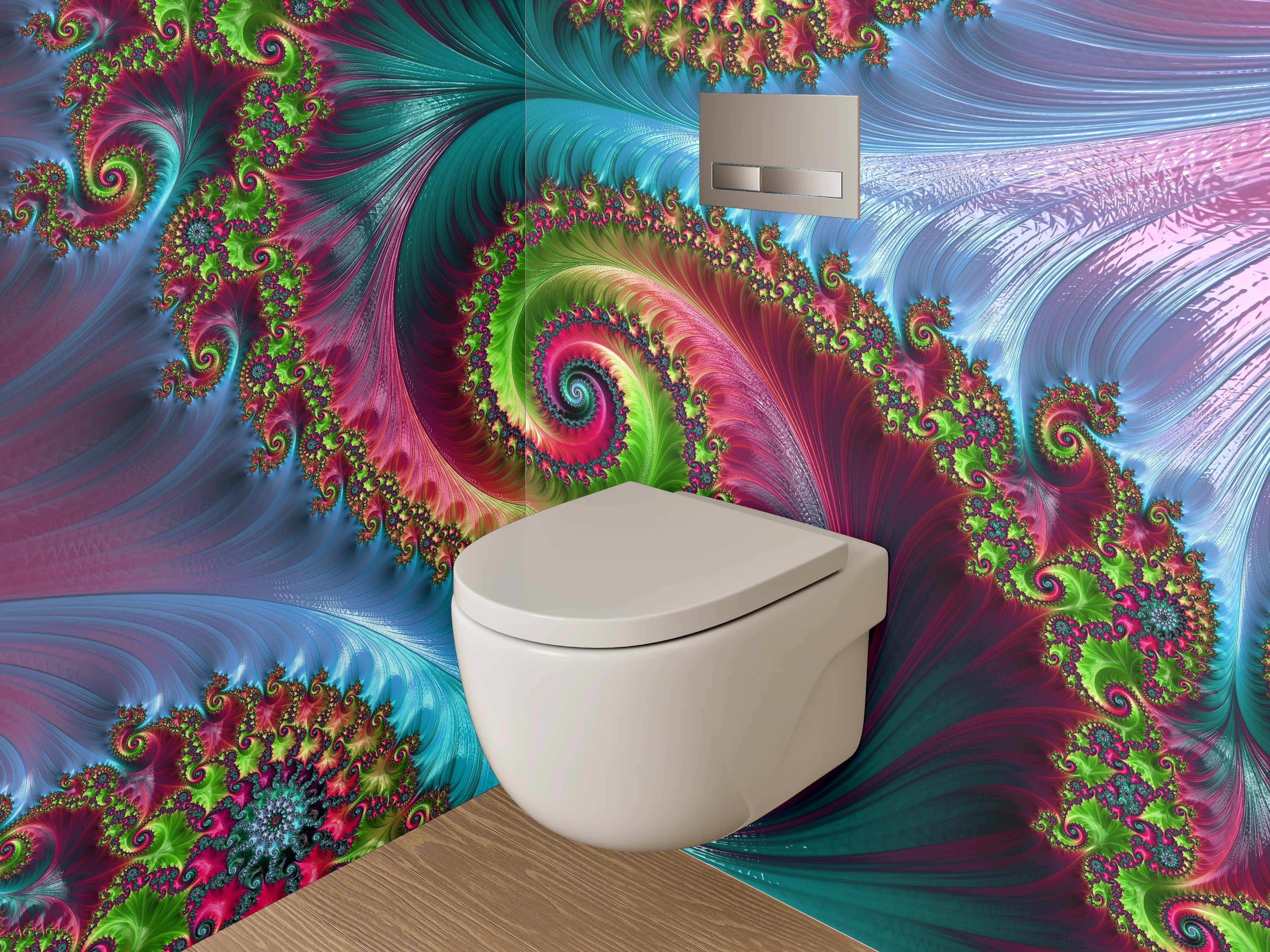 WC-Rückwand - Faszinierende Fraktal-Spiralen in kräftigen Farben