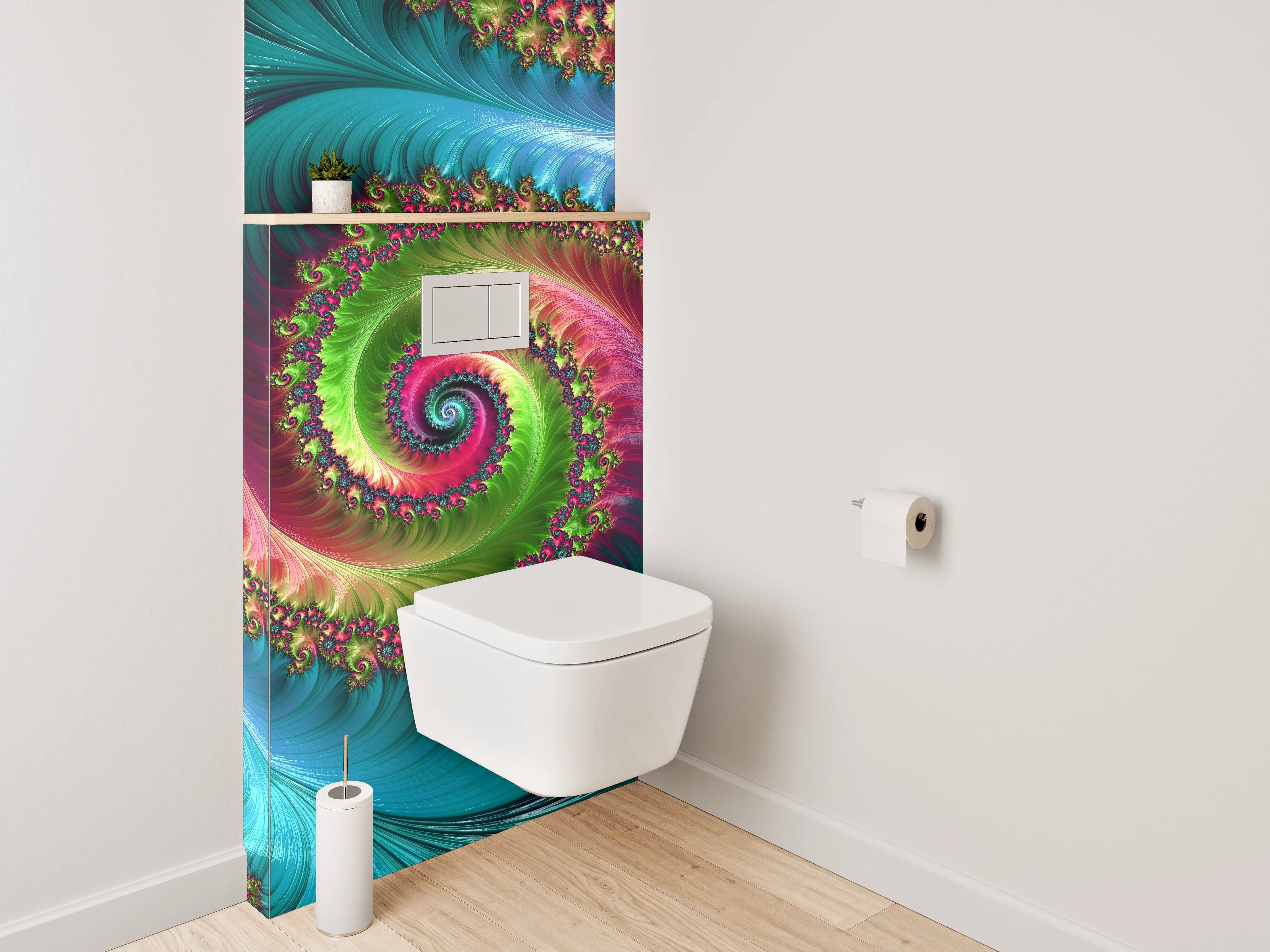 WC-Rückwand - Faszinierende Fraktal-Spiralen in kräftigen Farben
