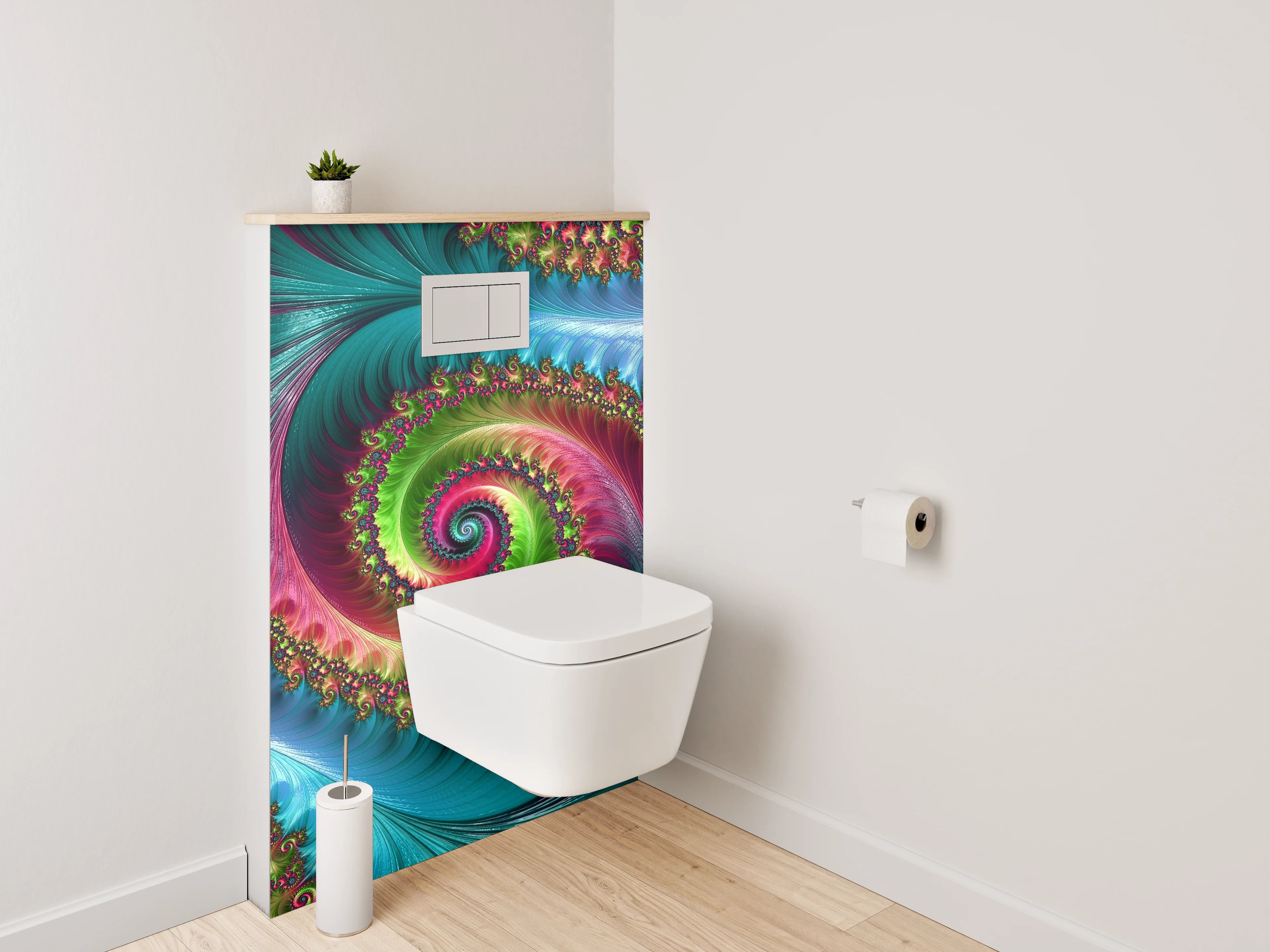 WC-Rückwand - Faszinierende Fraktal-Spiralen in kräftigen Farben