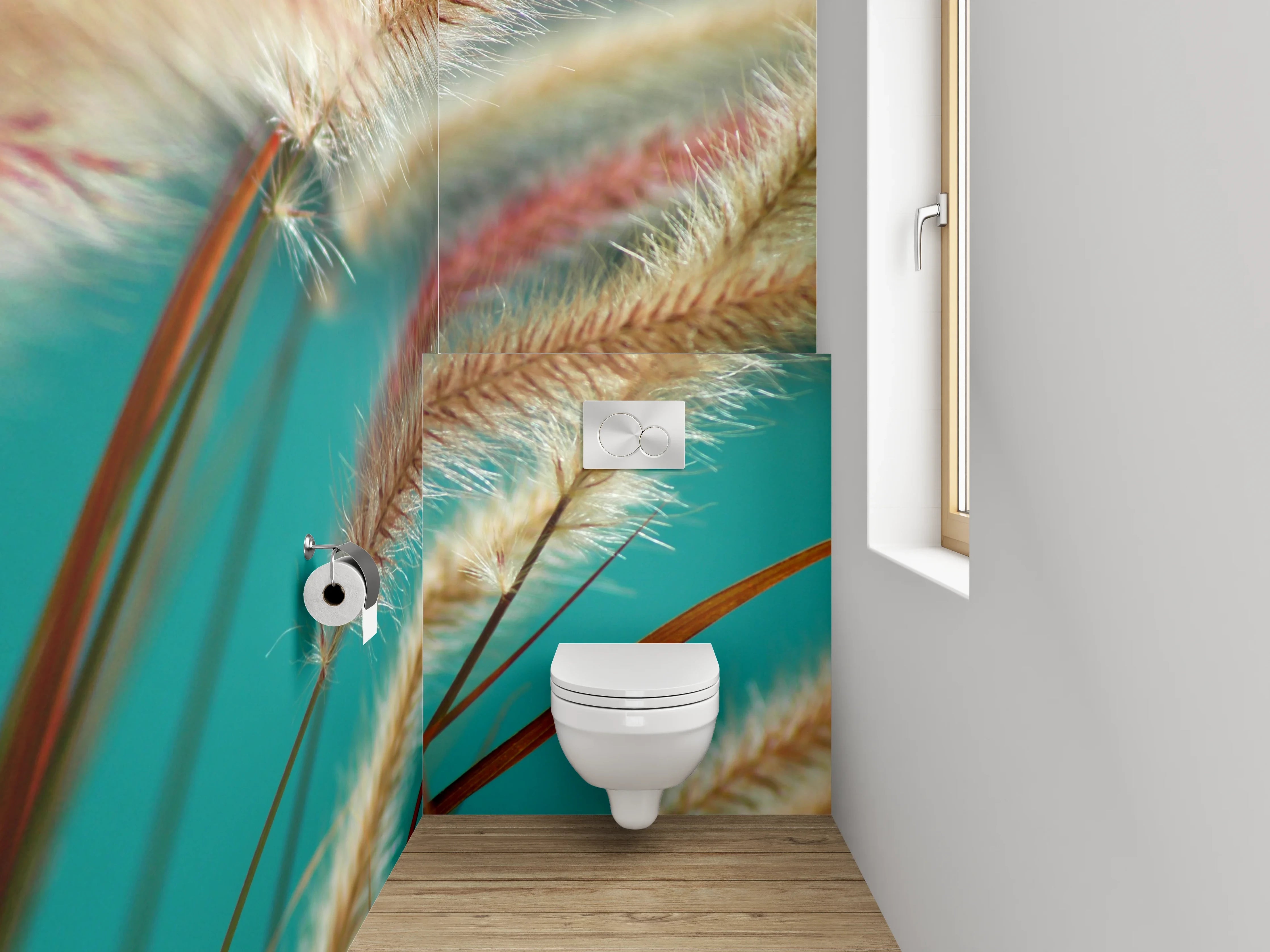 WC-Rückwand - Federgräser am türkisfarbenen Hintergrund
