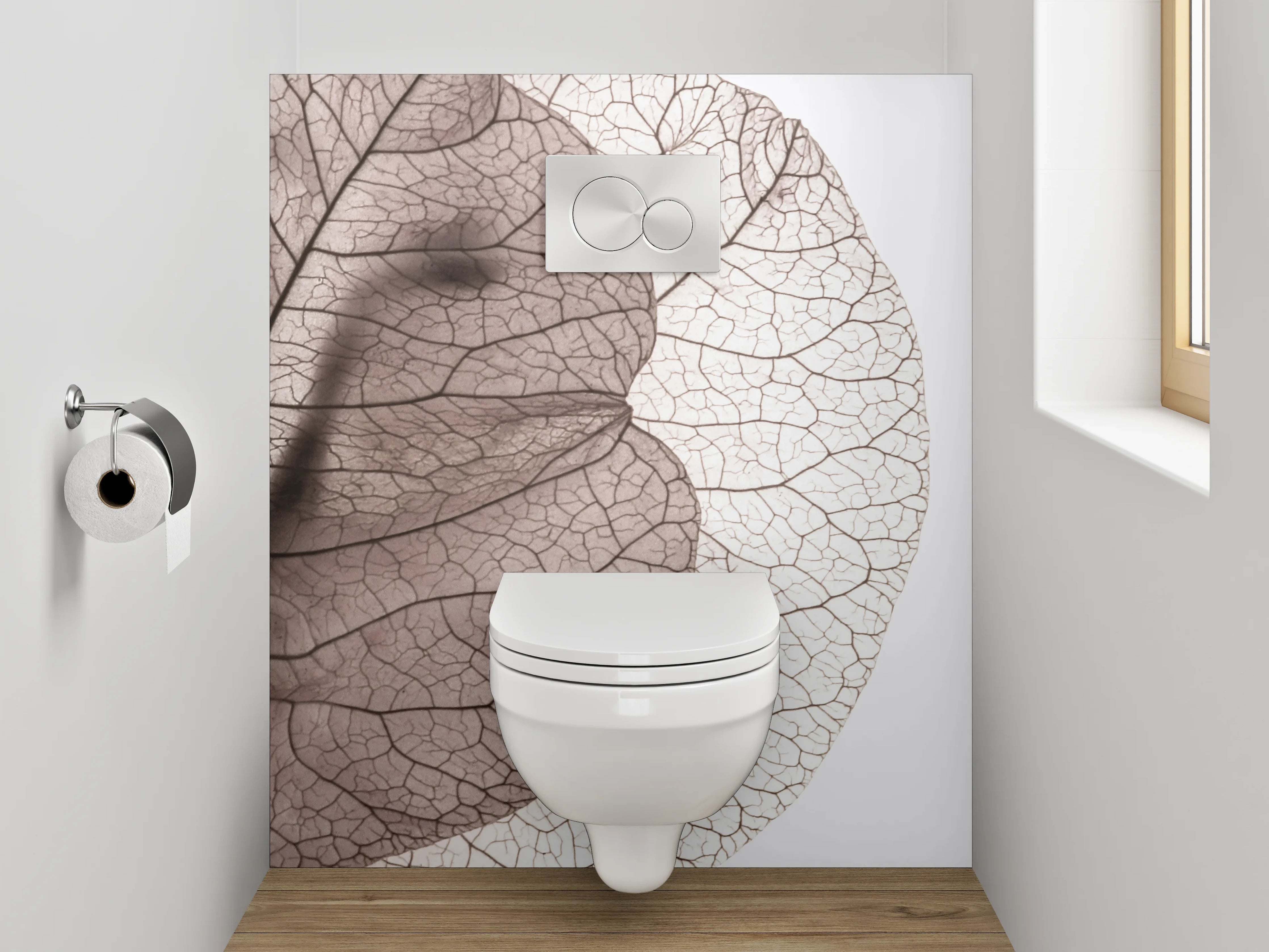 WC-Rückwand - Feine Blätterstruktur in Weiß und Grau