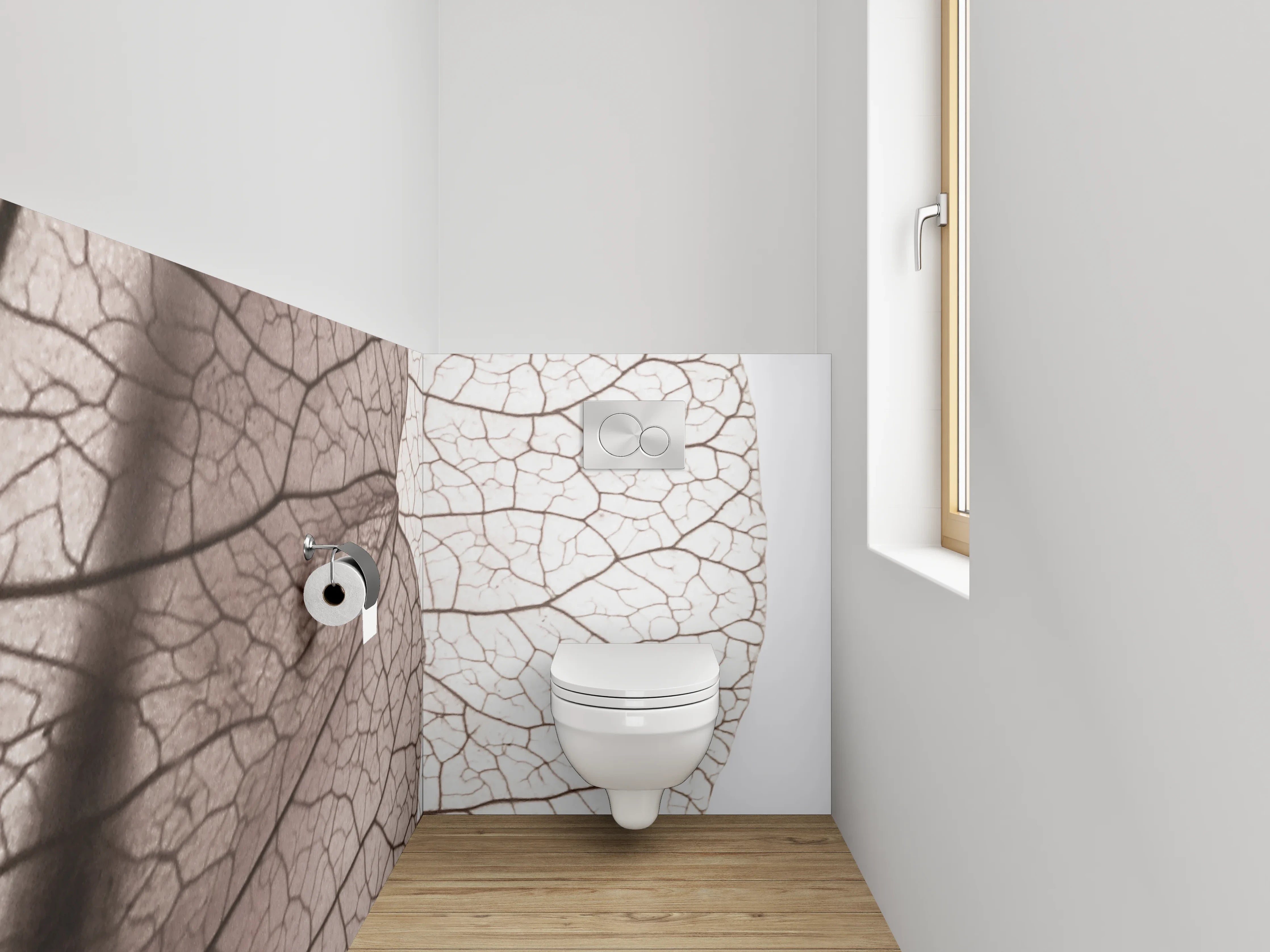 WC-Rückwand - Feine Blätterstruktur in Weiß und Grau