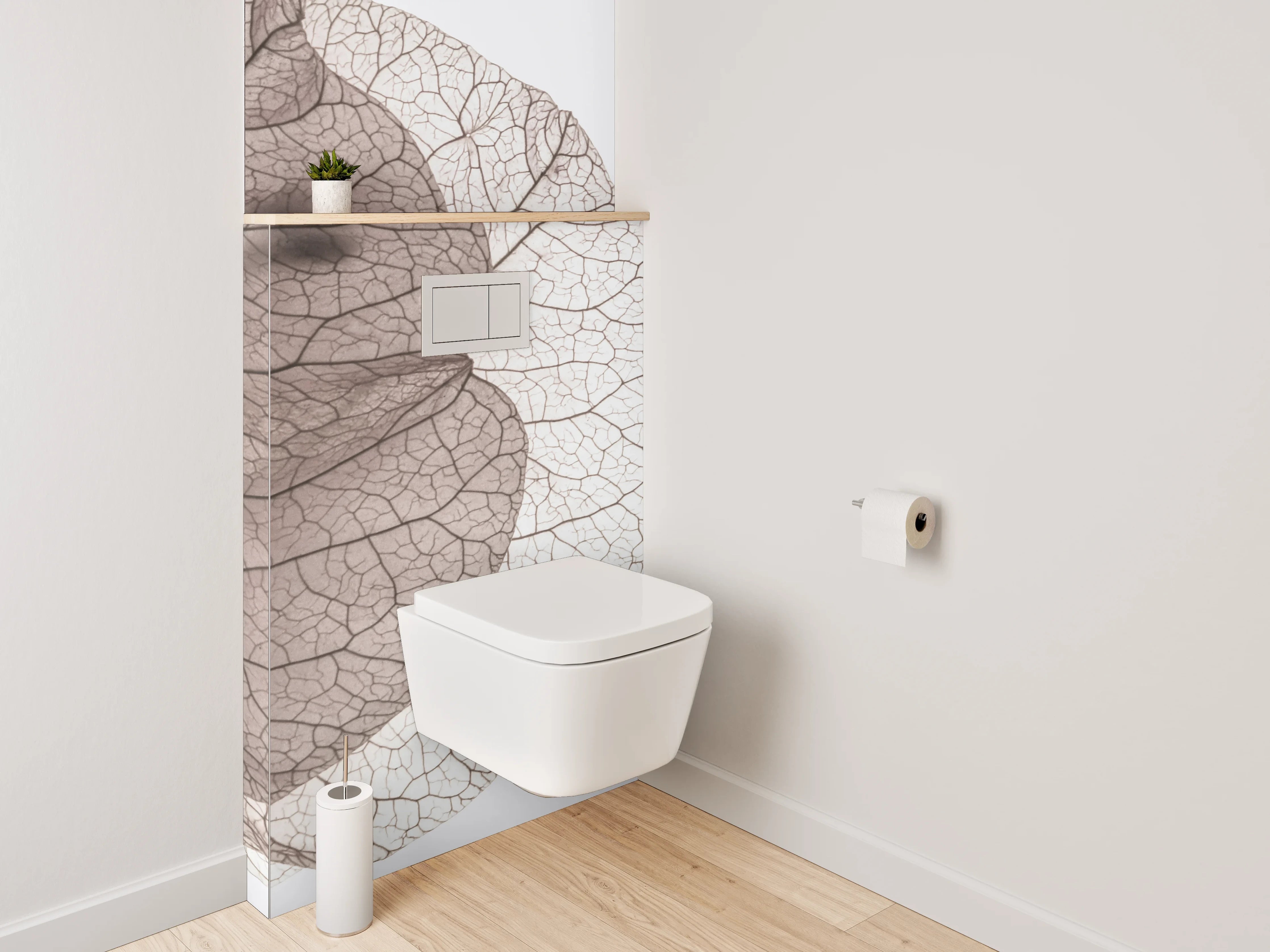 WC-Rückwand - Feine Blätterstruktur in Weiß und Grau