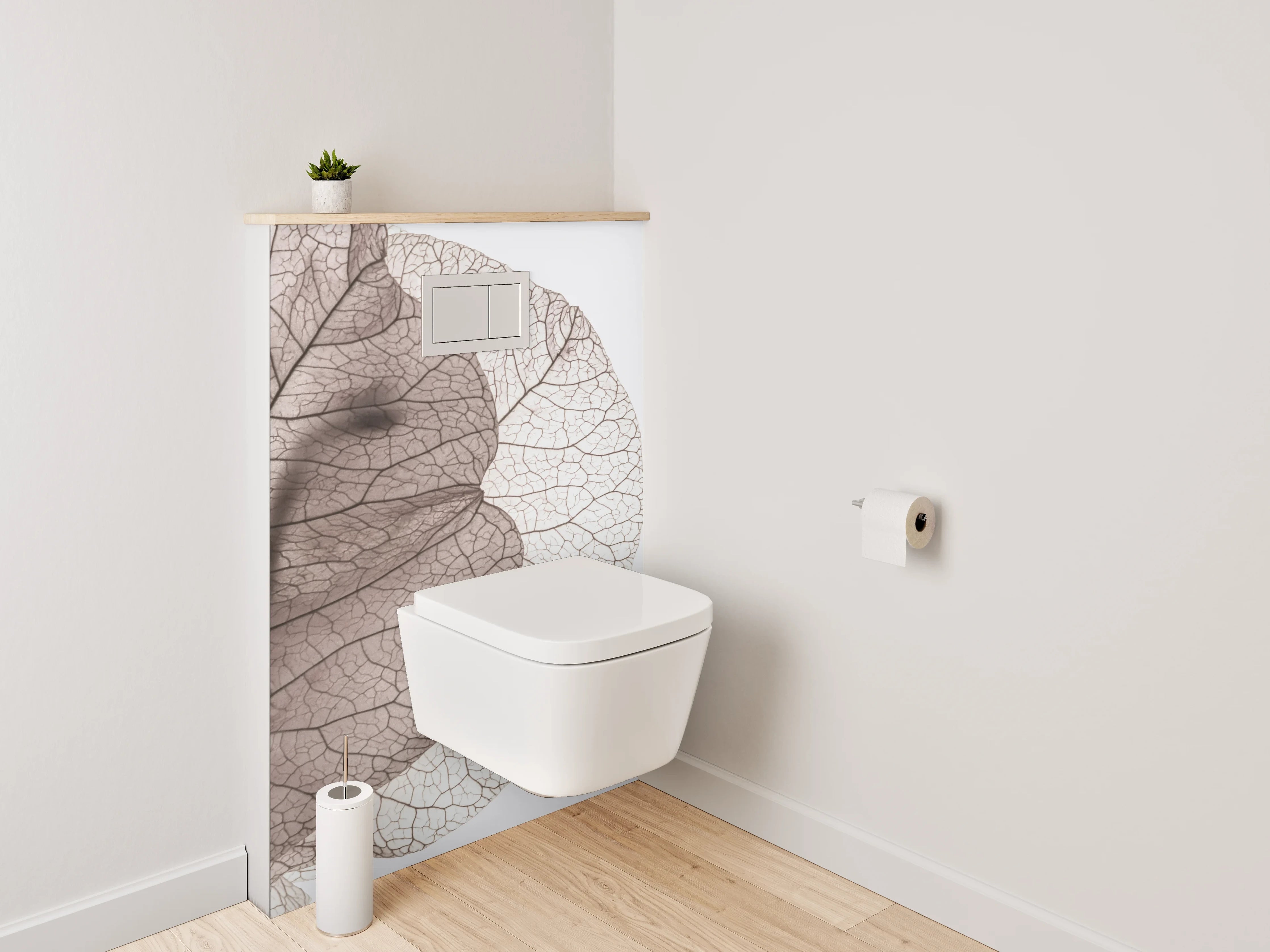 WC-Rückwand - Feine Blätterstruktur in Weiß und Grau