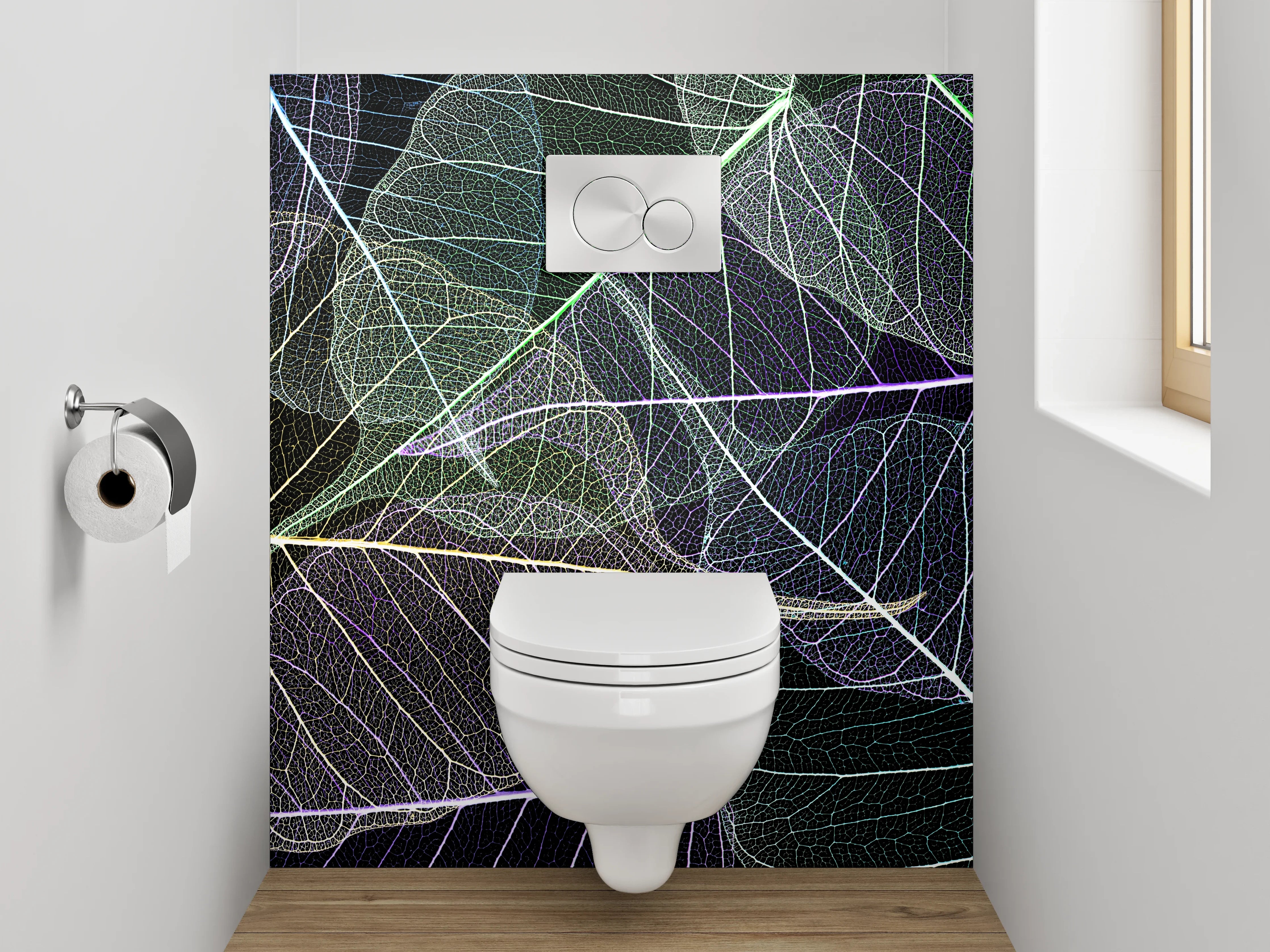 WC-Rückwand - Feine Blätterstrukturen in Weiß und Pastell