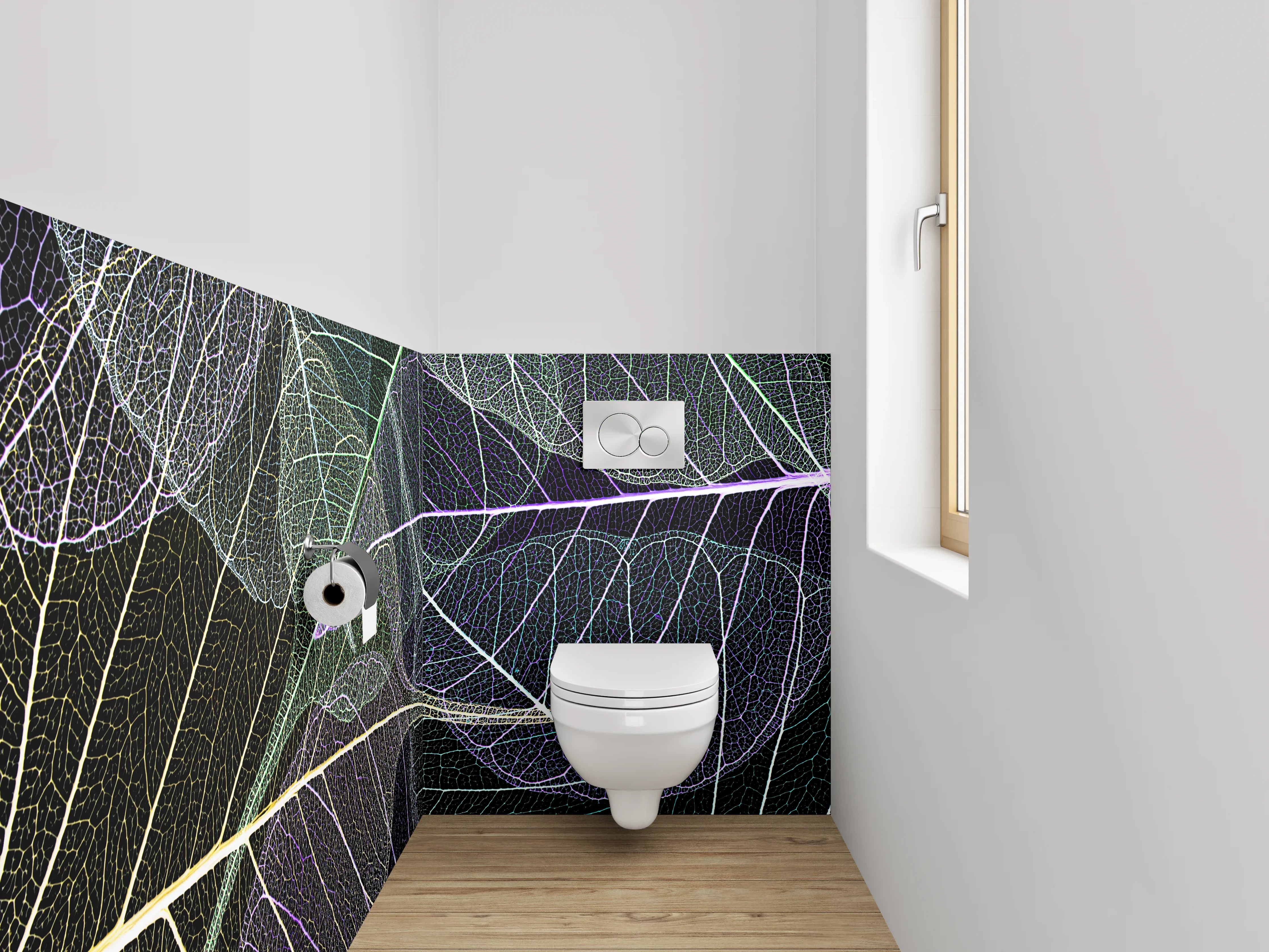 WC-Rückwand - Feine Blätterstrukturen in Weiß und Pastell