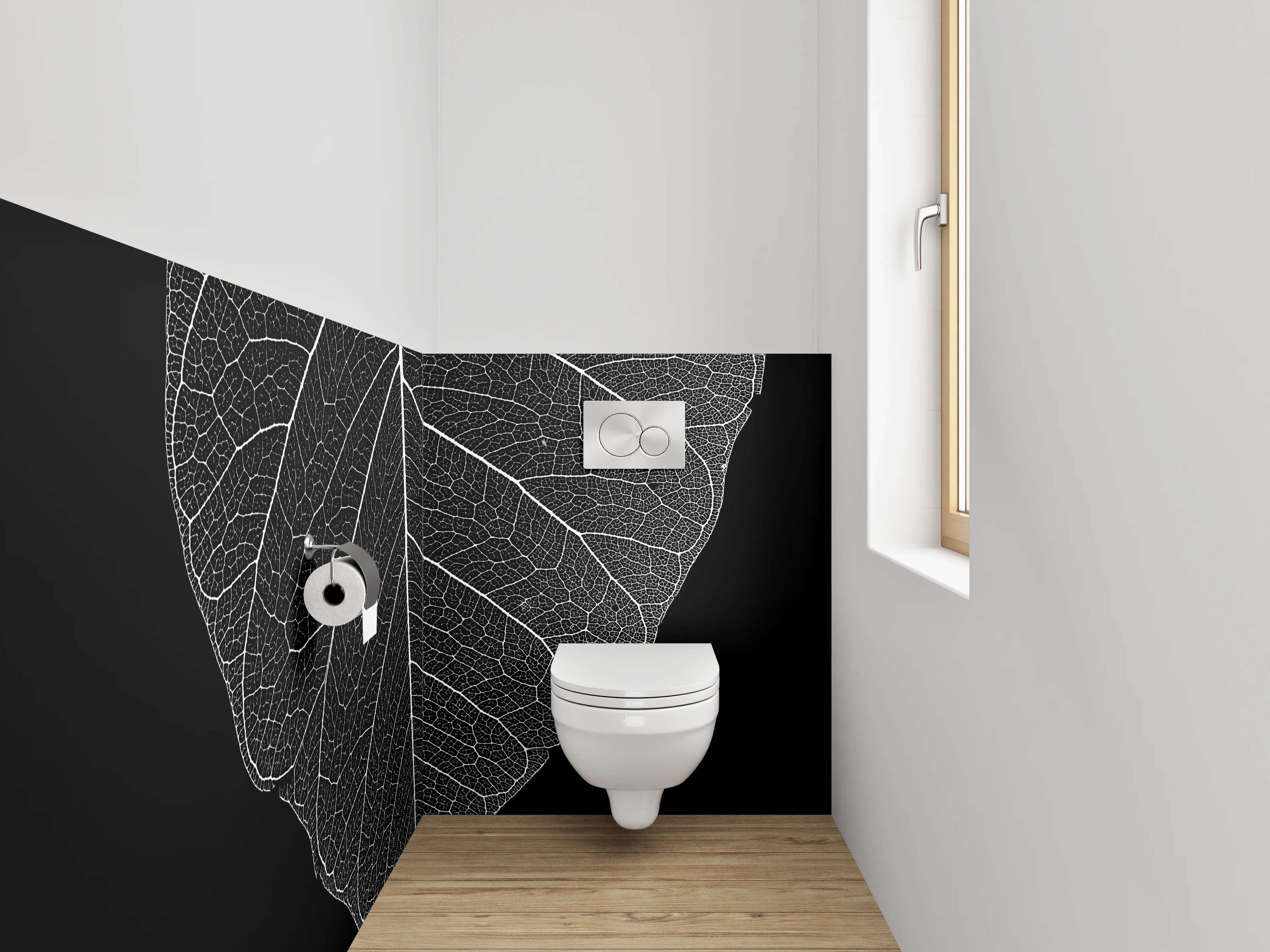 WC-Rückwand - Feine Blattstruktur Schwarz-Weiß Kunst