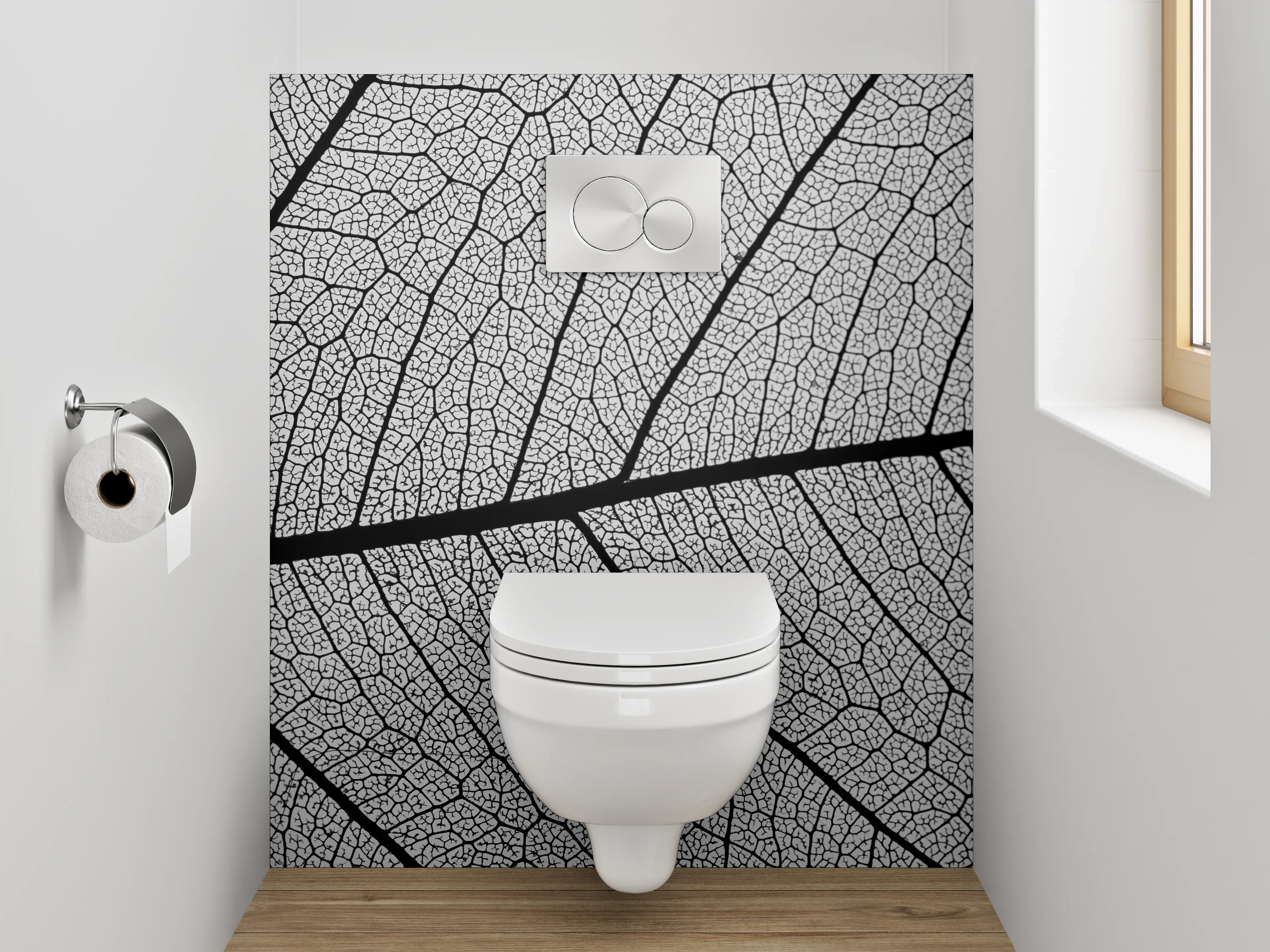 WC-Rückwand - Feine Blattstruktur Schwarz-Weiß Natur
