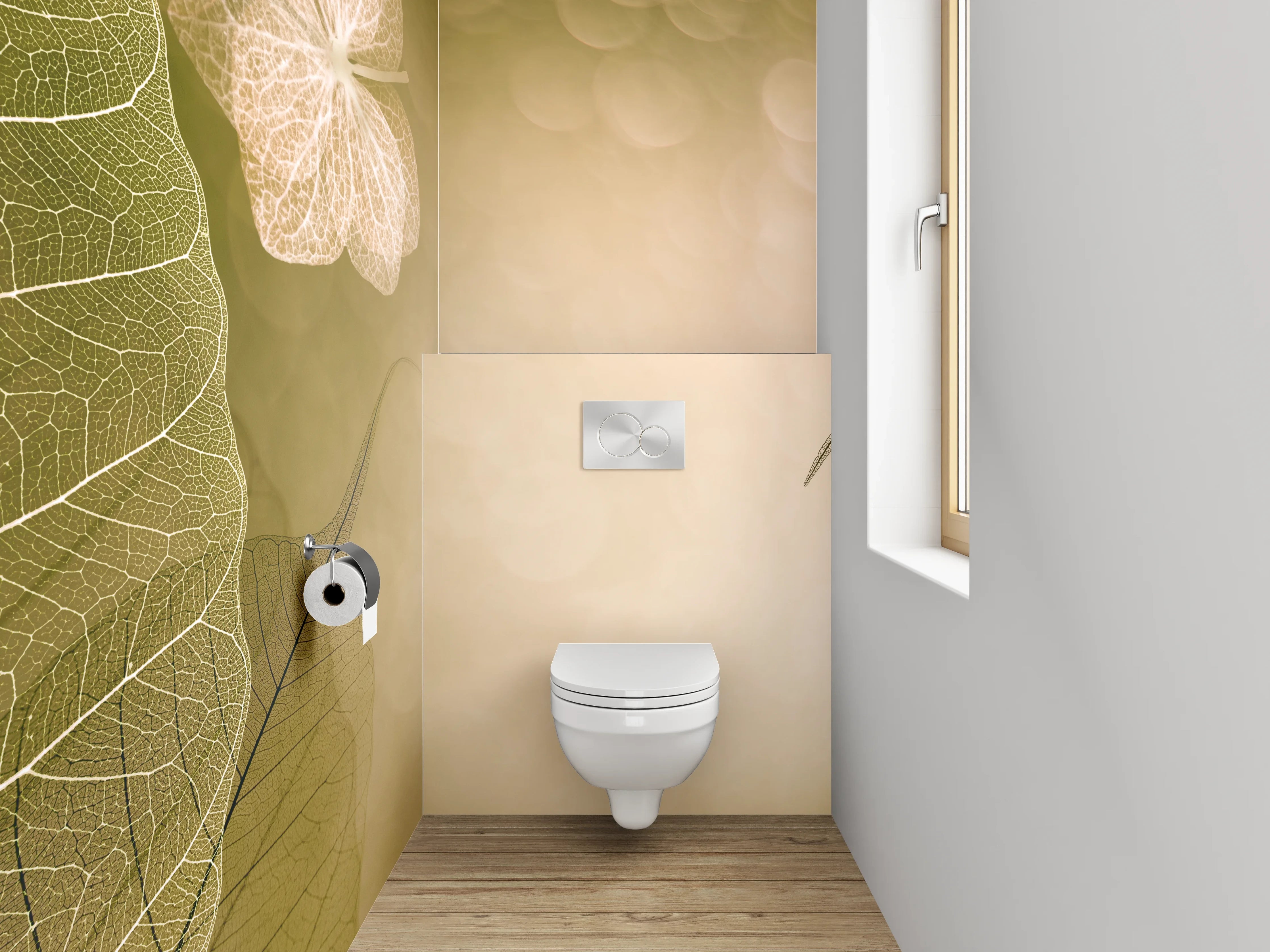 WC-Rückwand - Feine Skelettblätter auf sanftem Beige