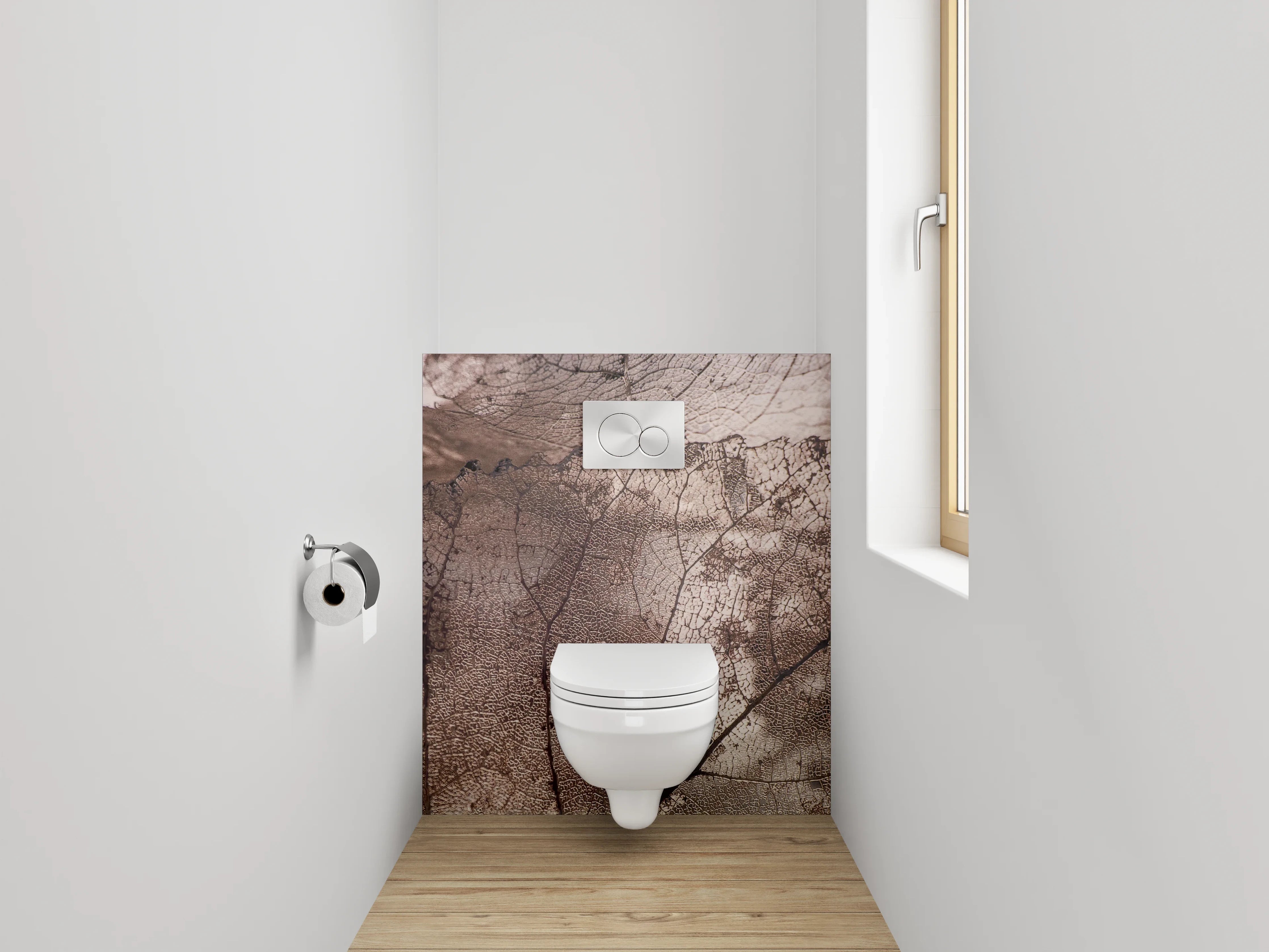 WC-Rückwand - Feine Skelettblätter in sanften Erdtönen