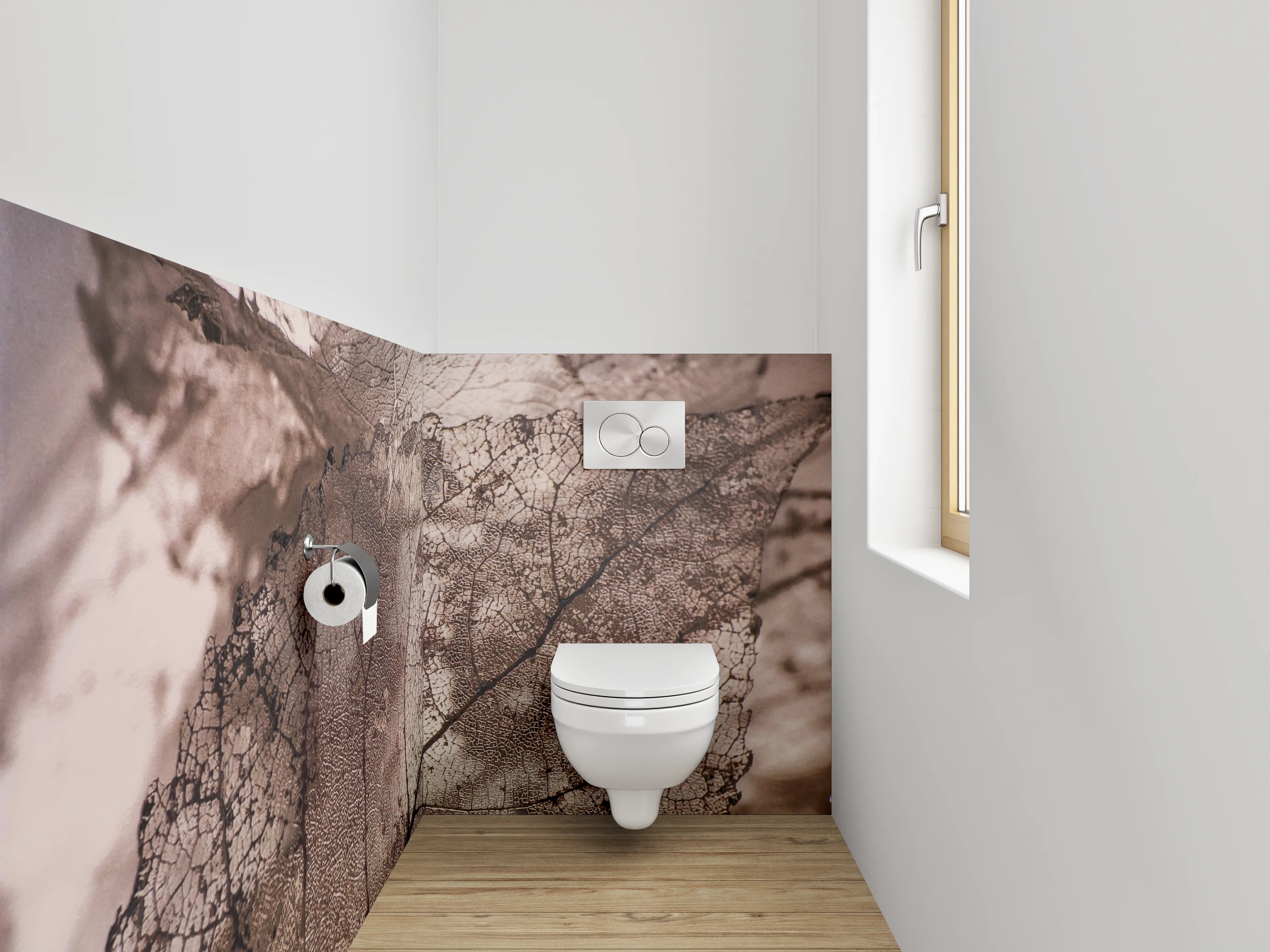 WC-Rückwand - Feine Skelettblätter in sanften Erdtönen