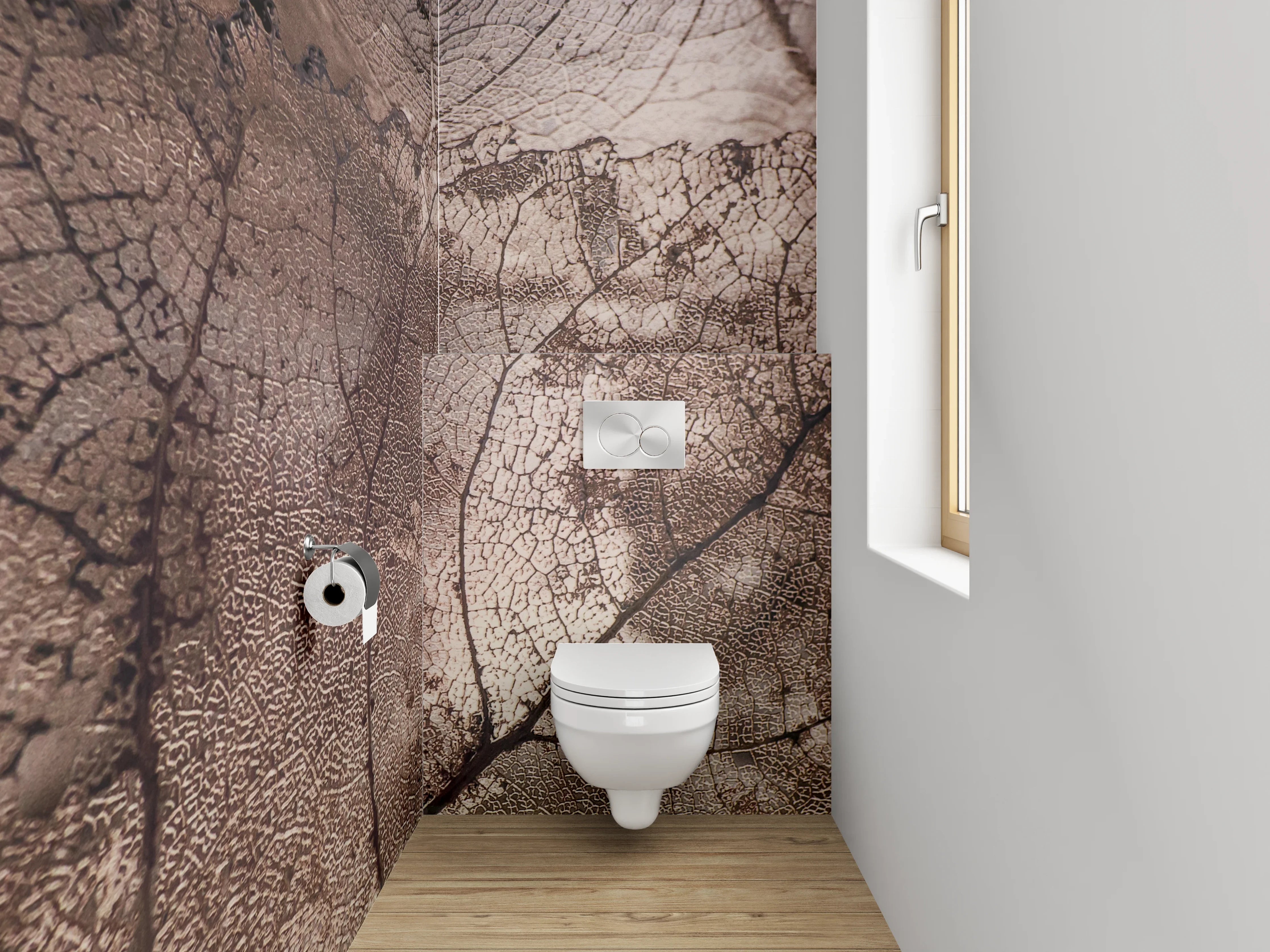WC-Rückwand - Feine Skelettblätter in sanften Erdtönen