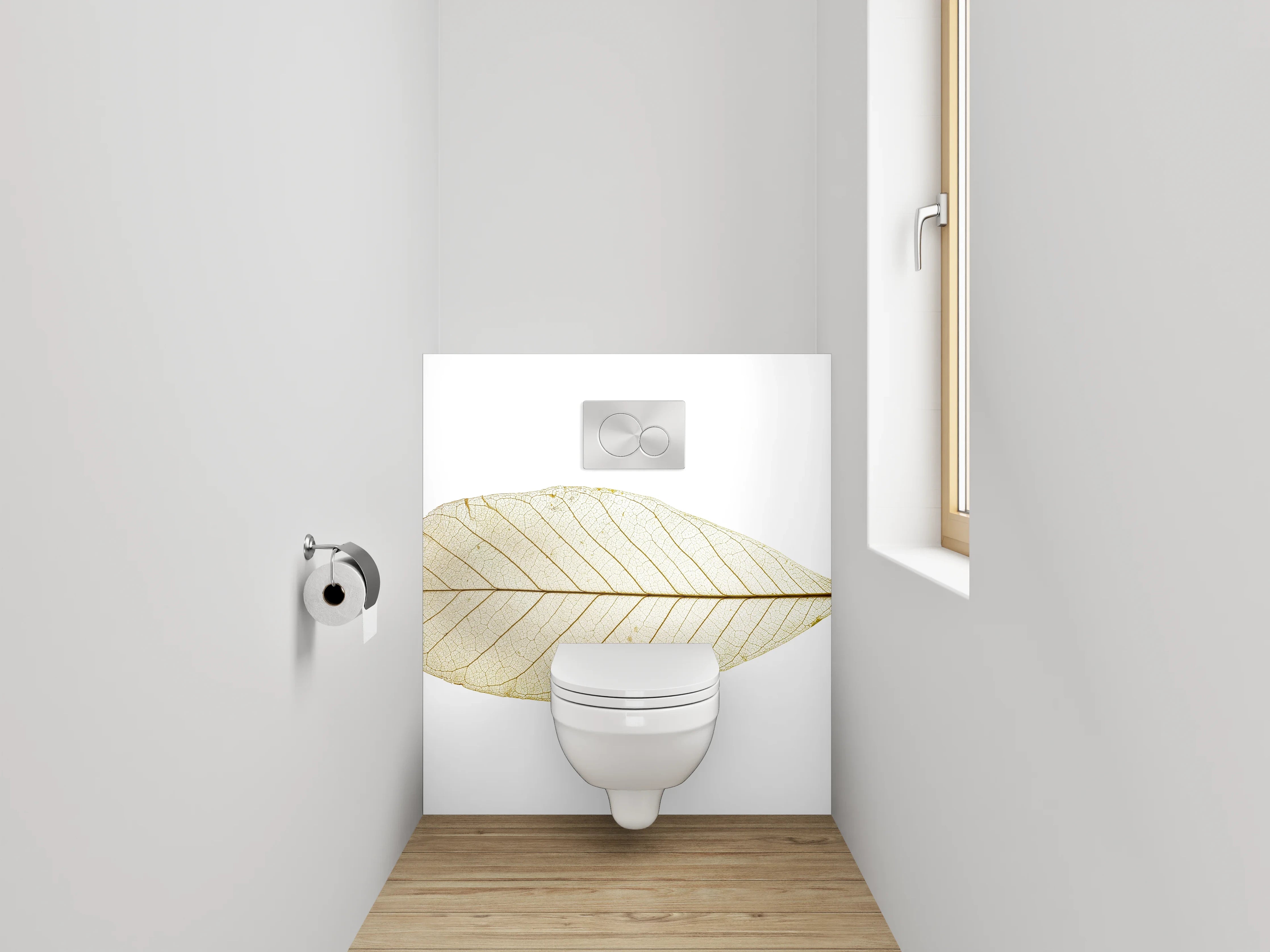WC-Rückwand - Feines Skelettblatt auf Weiß