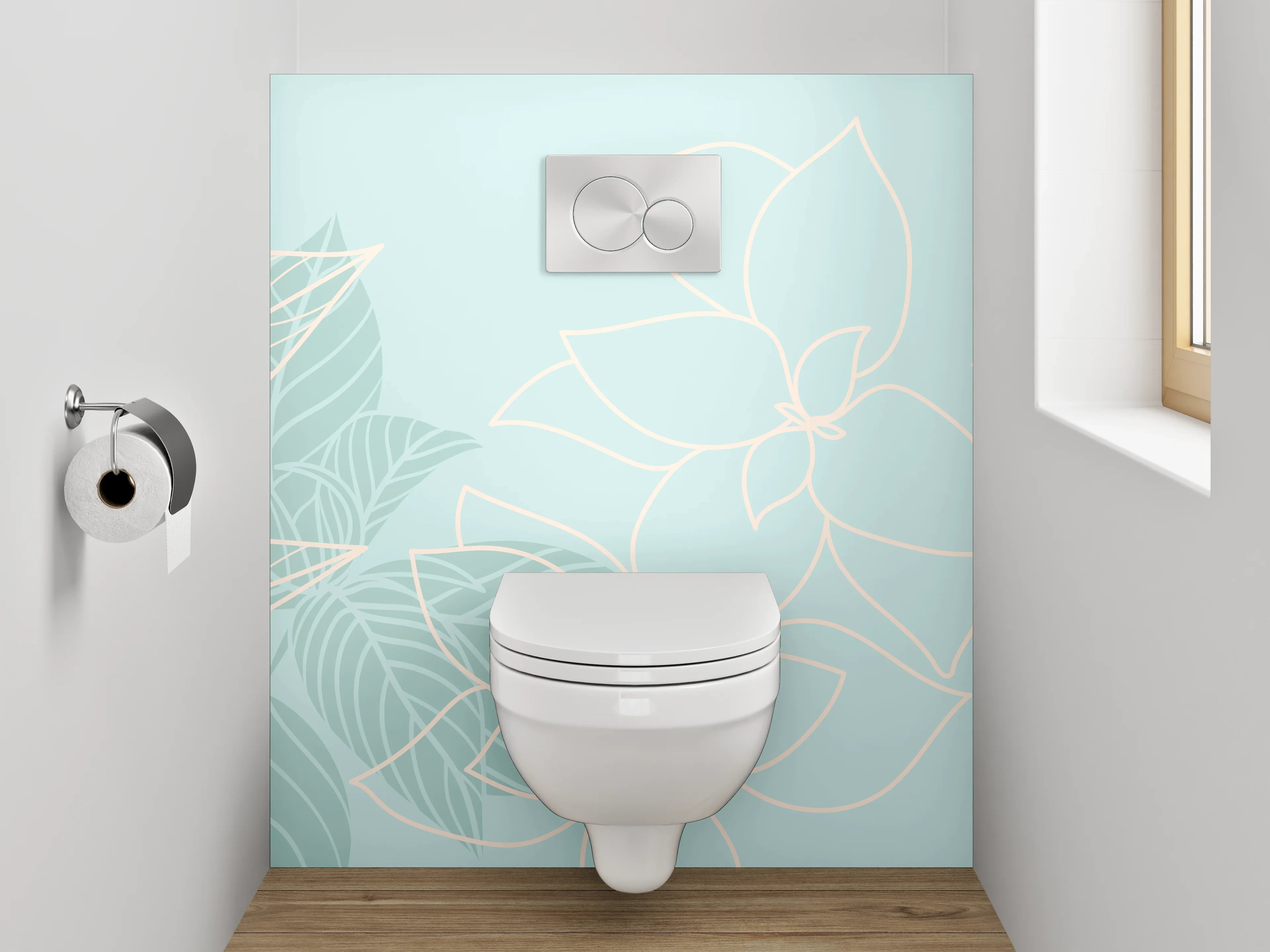 WC-Rückwand - Feines florales Lineart auf Pastellblau