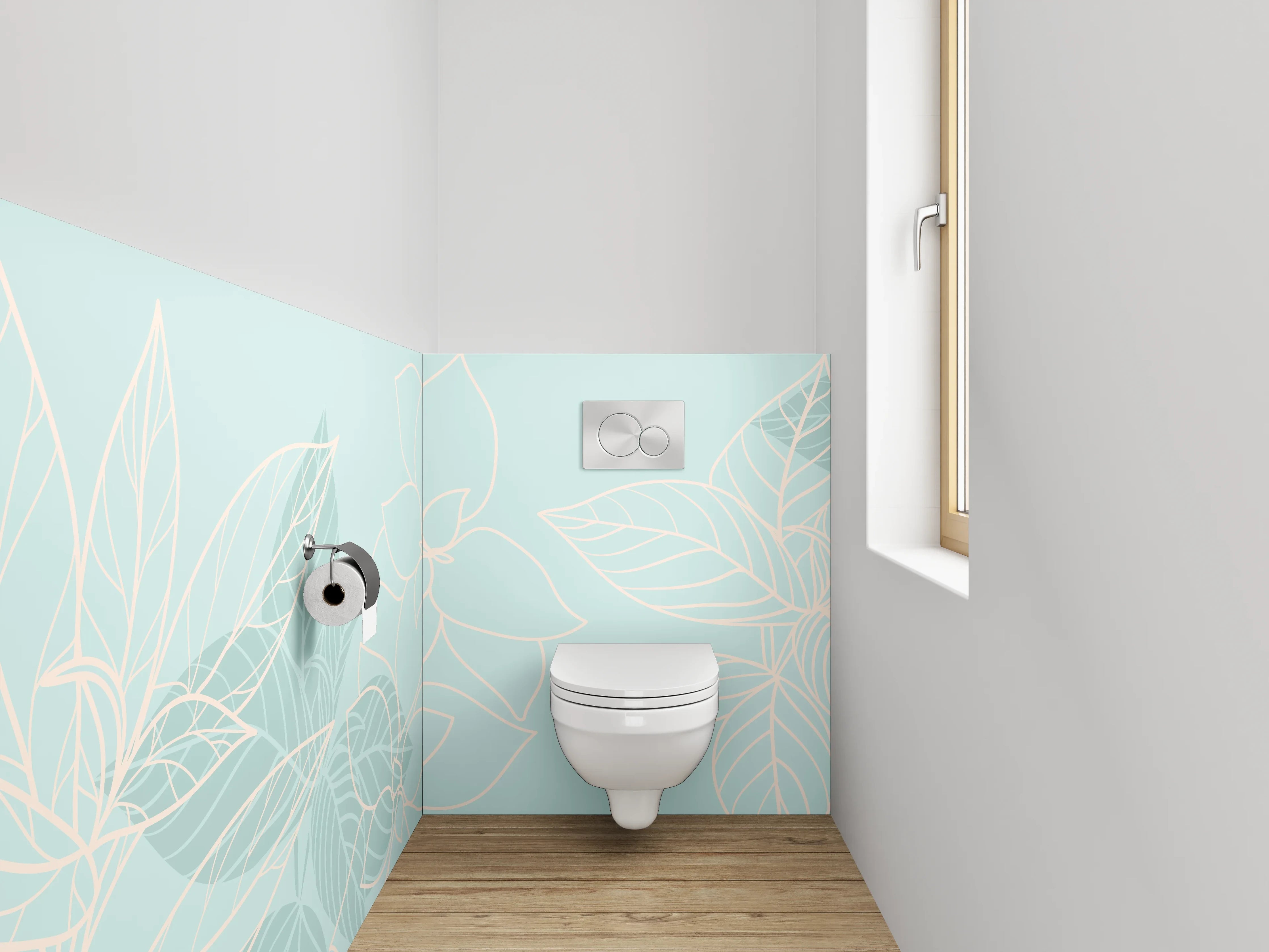 WC-Rückwand - Feines florales Lineart auf Pastellblau