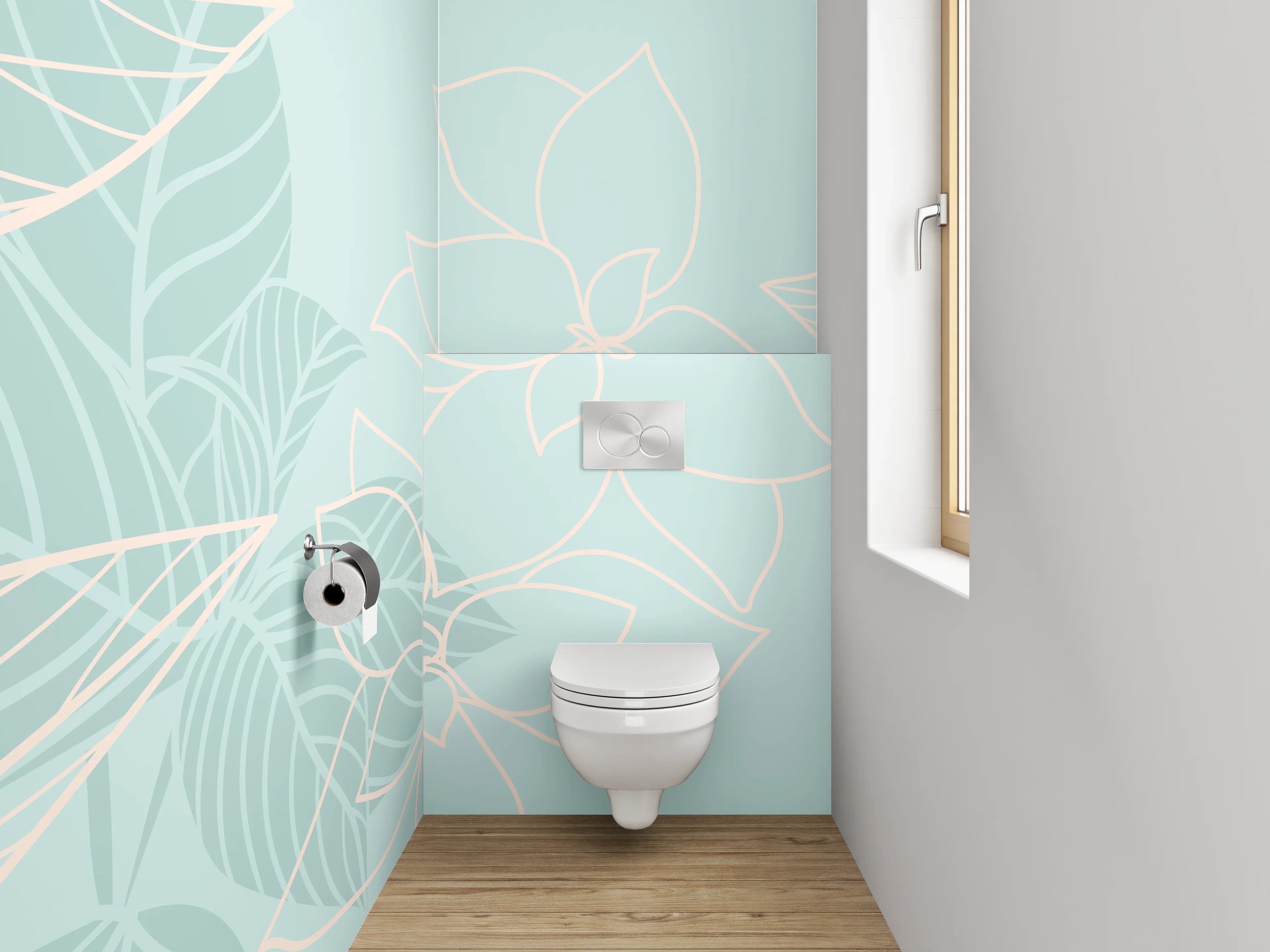 WC-Rückwand - Feines florales Lineart auf Pastellblau