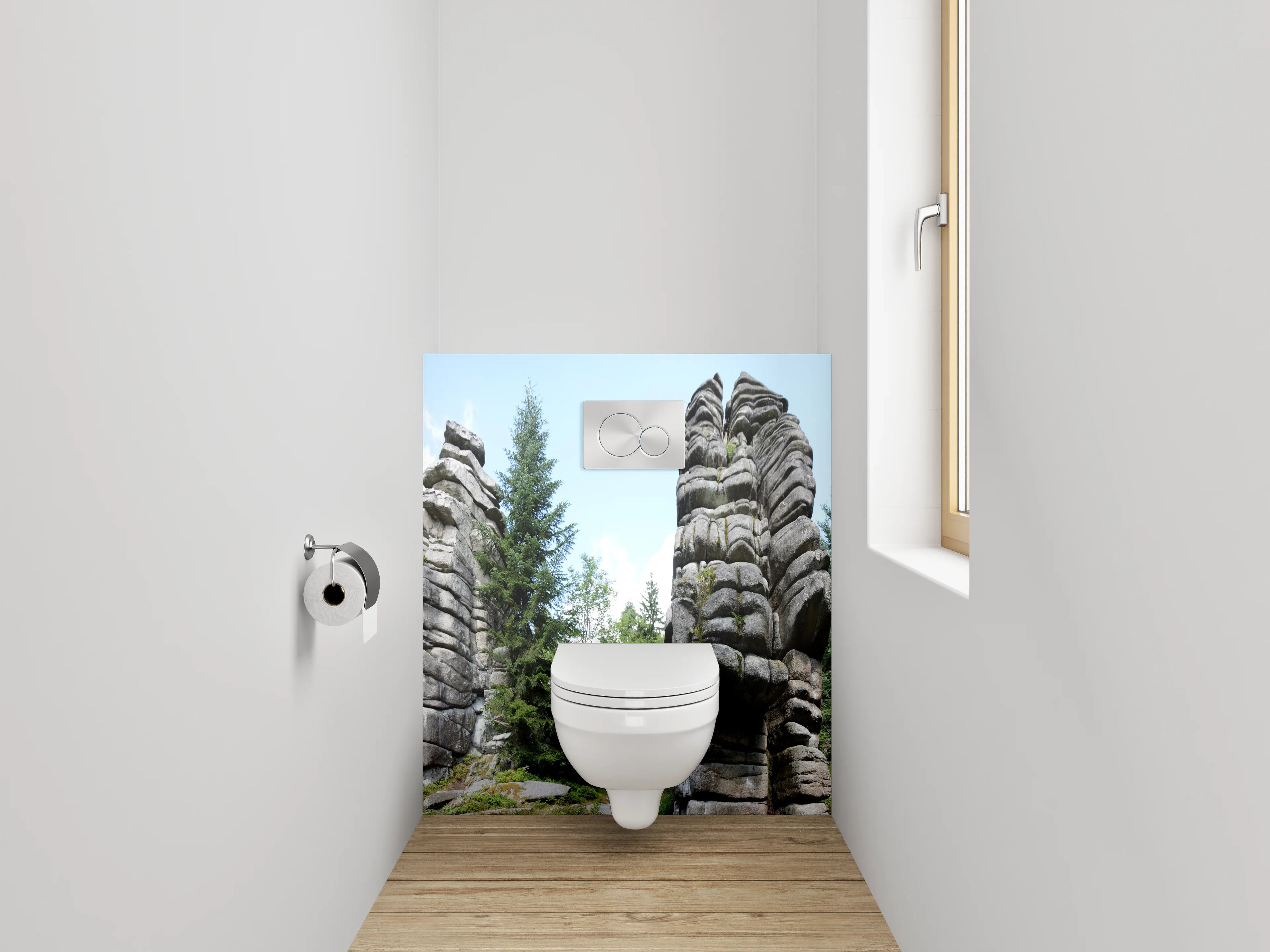 WC-Rückwand - Felsformationen im Nadelwald Panorama