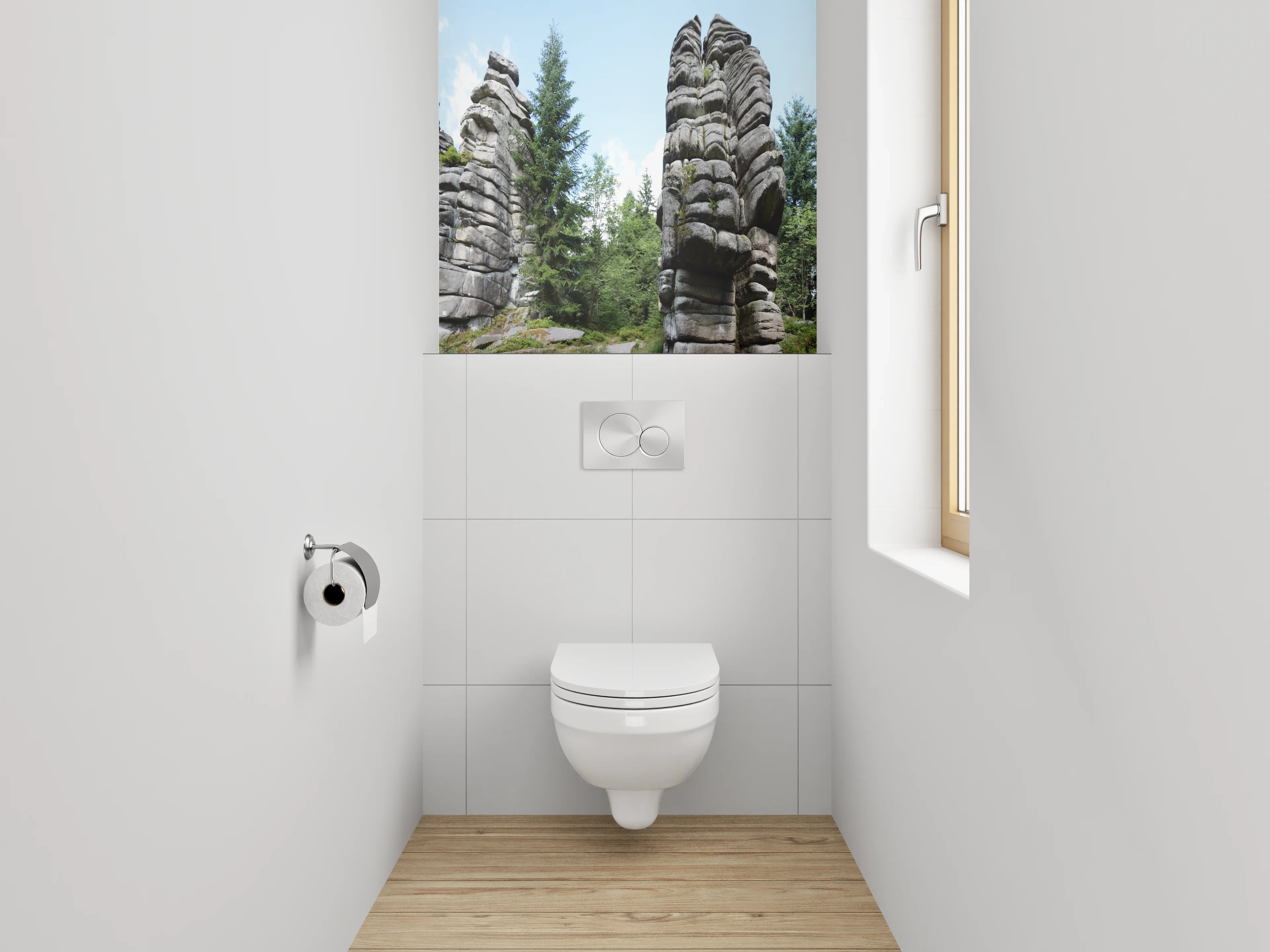 WC-Rückwand - Felsformationen im Nadelwald Panorama