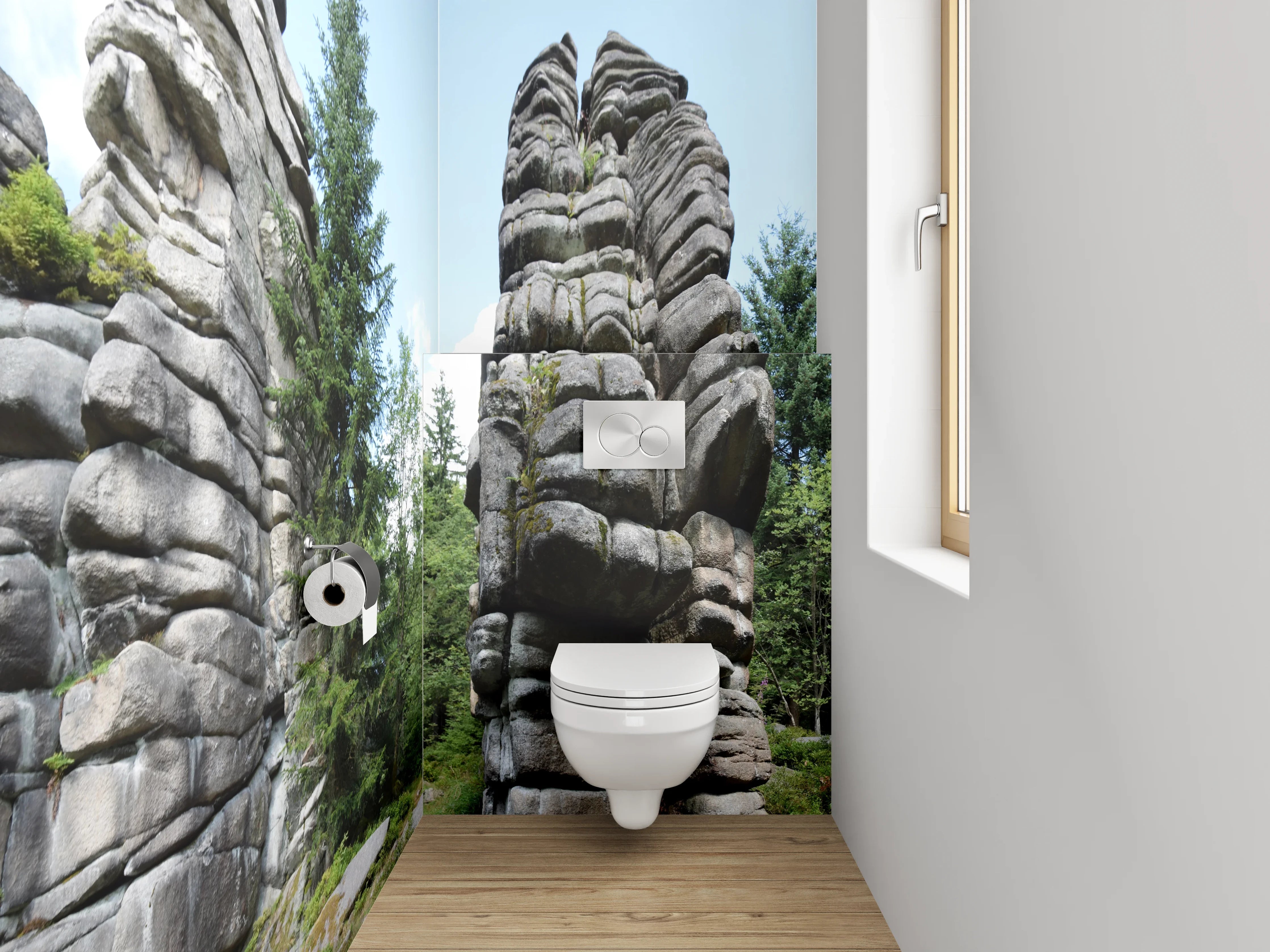 WC-Rückwand - Felsformationen im Nadelwald Panorama