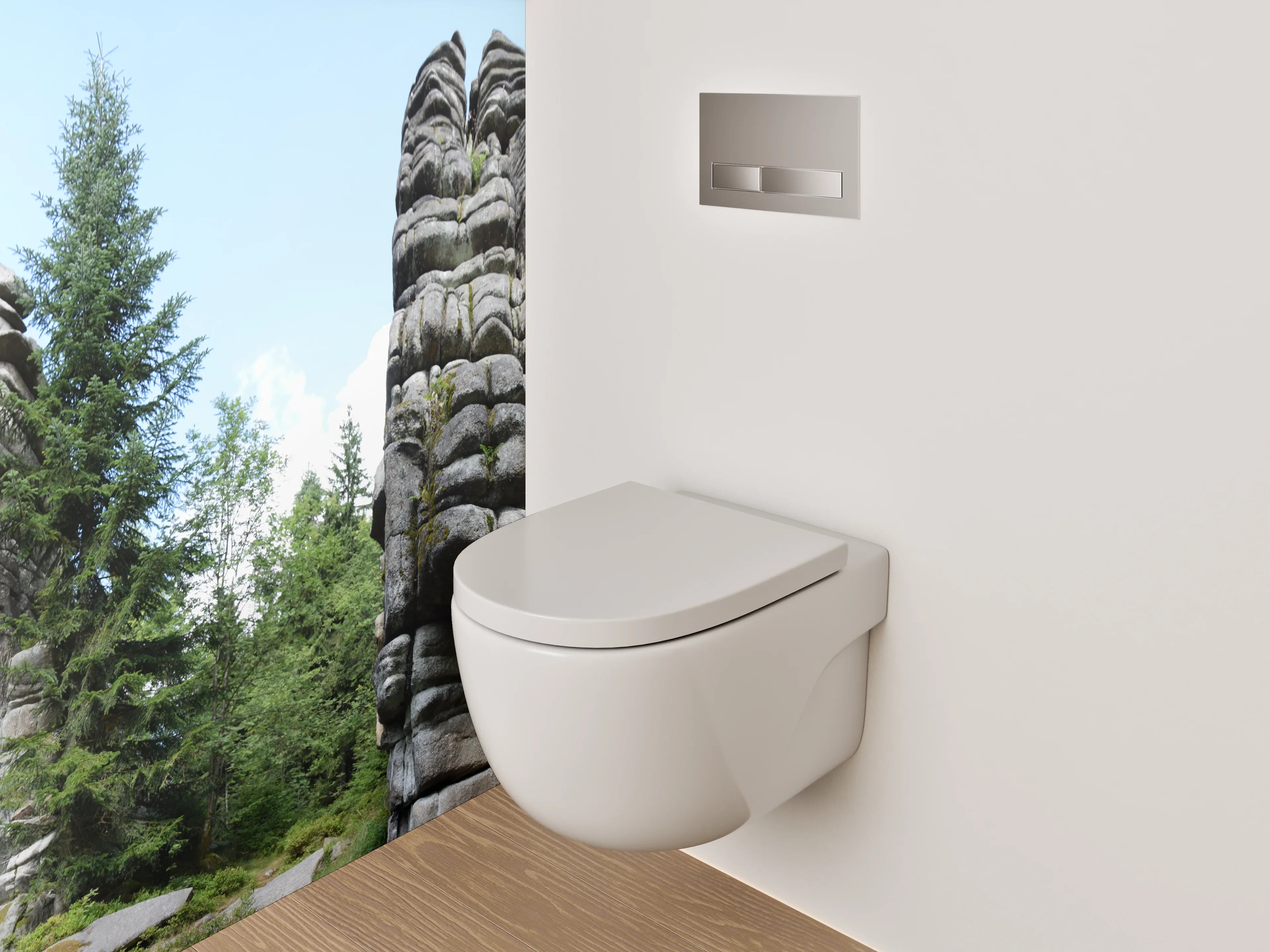 WC-Rückwand - Felsformationen im Nadelwald Panorama