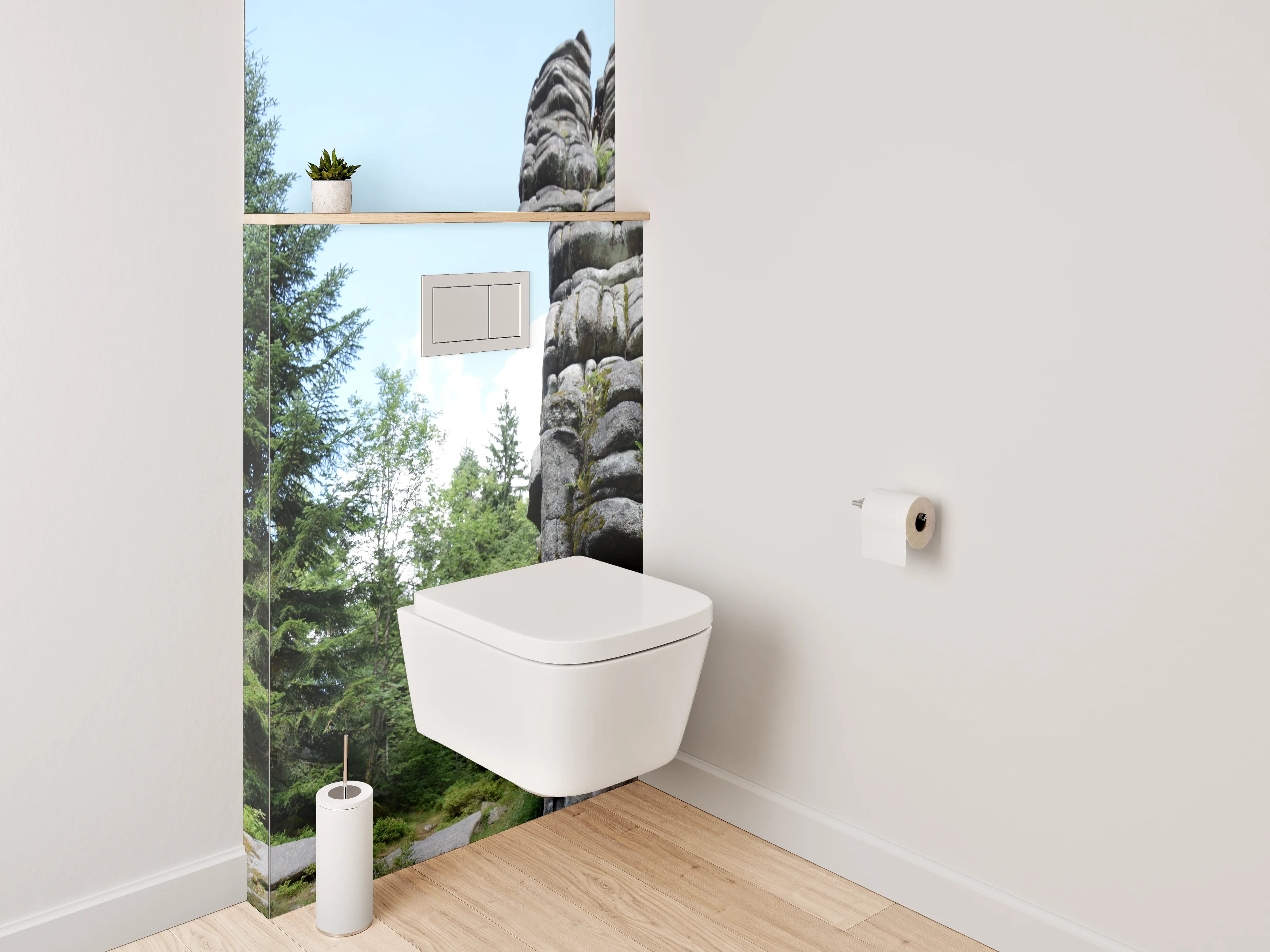 WC-Rückwand - Felsformationen im Nadelwald Panorama