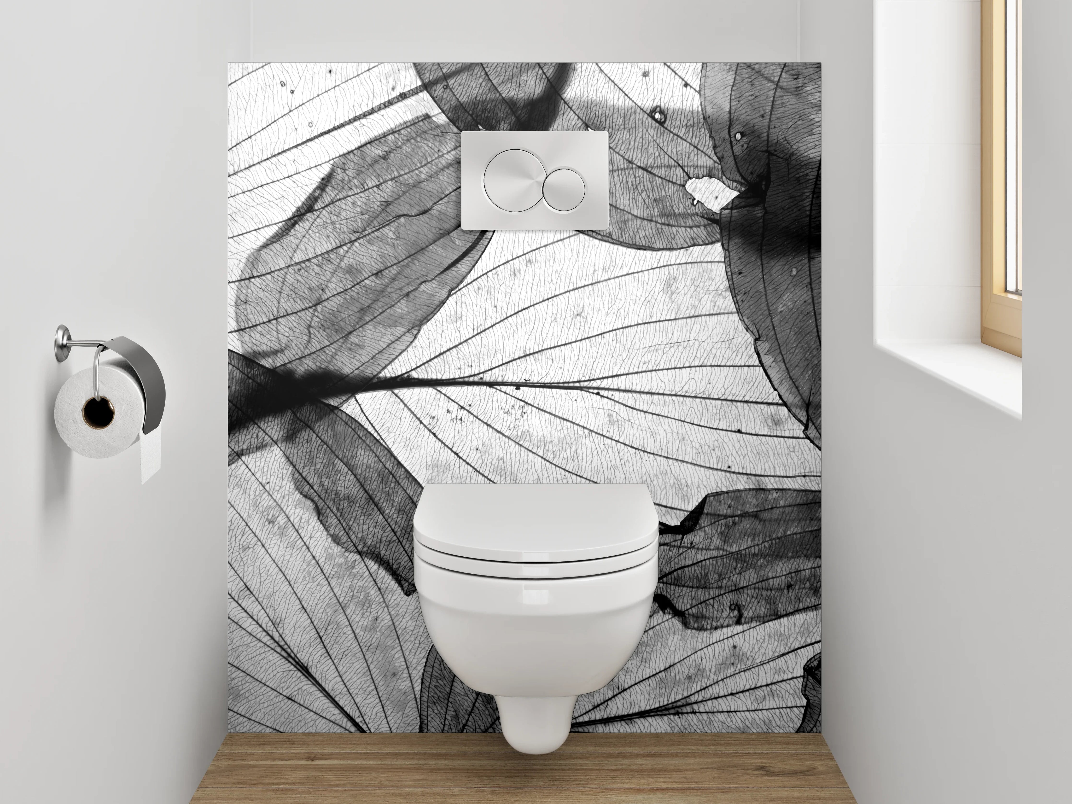 WC-Rückwand - Filigrane Blätterstruktur Schwarz-Weiß