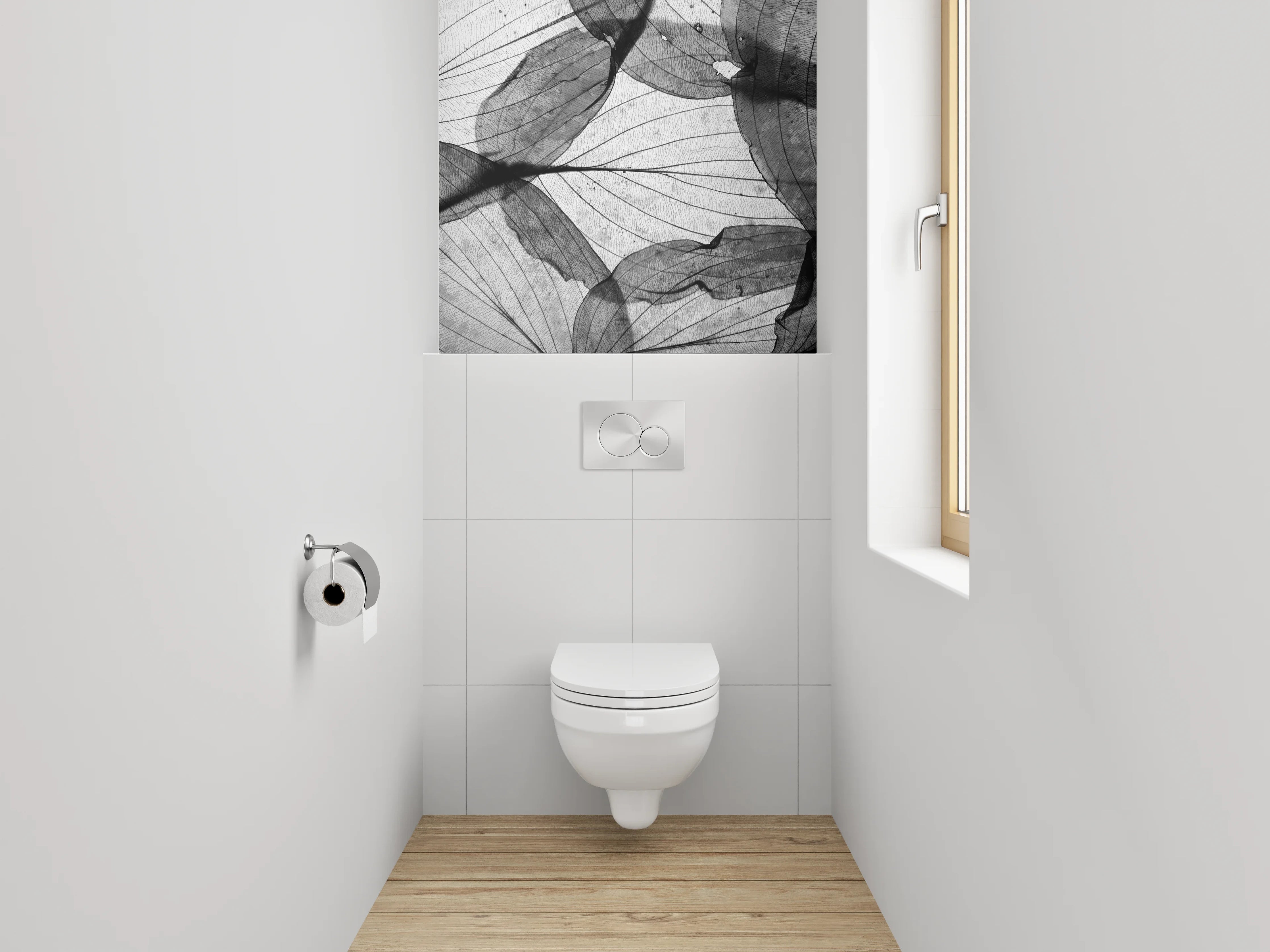 WC-Rückwand - Filigrane Blätterstruktur Schwarz-Weiß