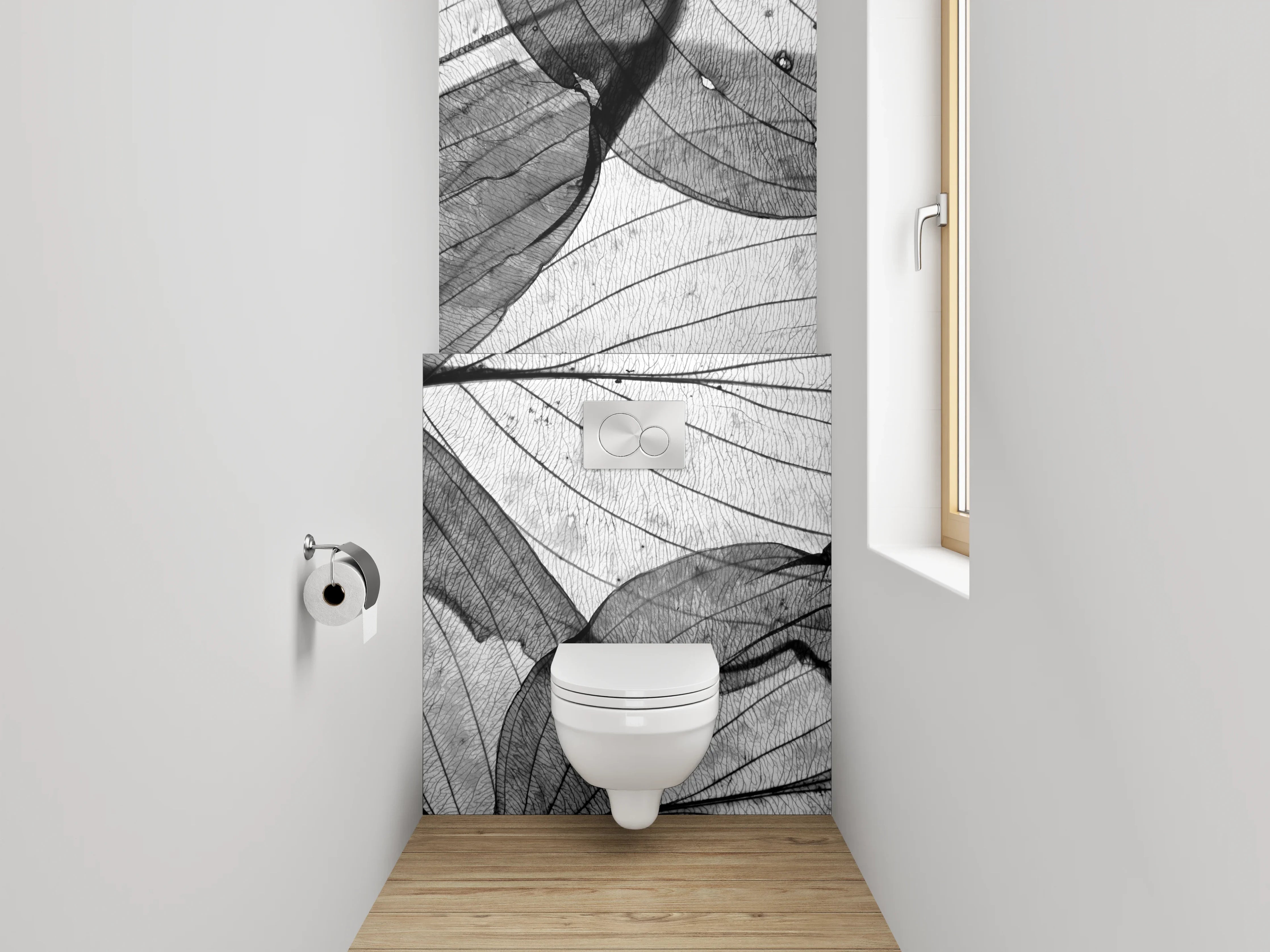 WC-Rückwand - Filigrane Blätterstruktur Schwarz-Weiß