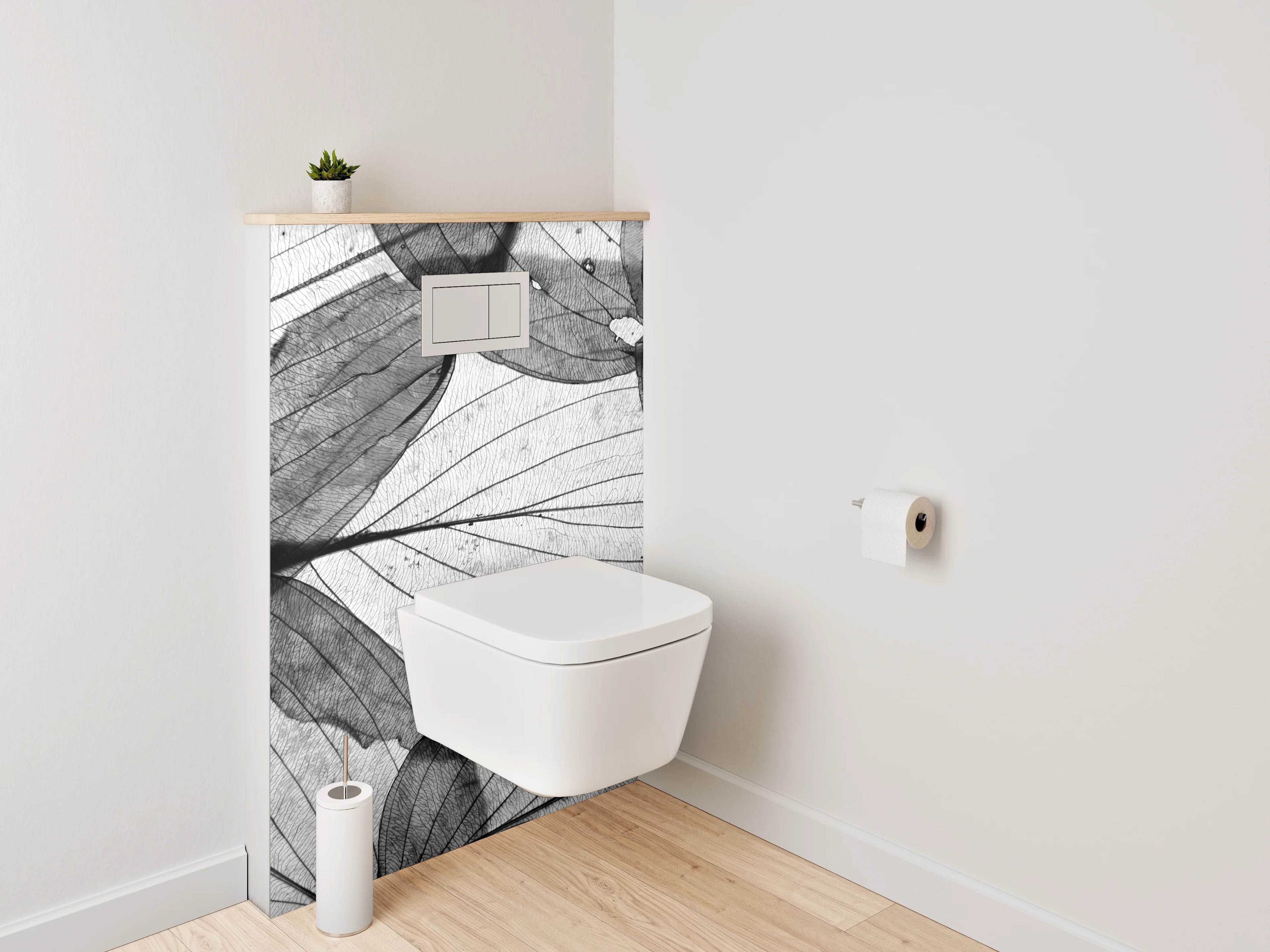 WC-Rückwand - Filigrane Blätterstruktur Schwarz-Weiß