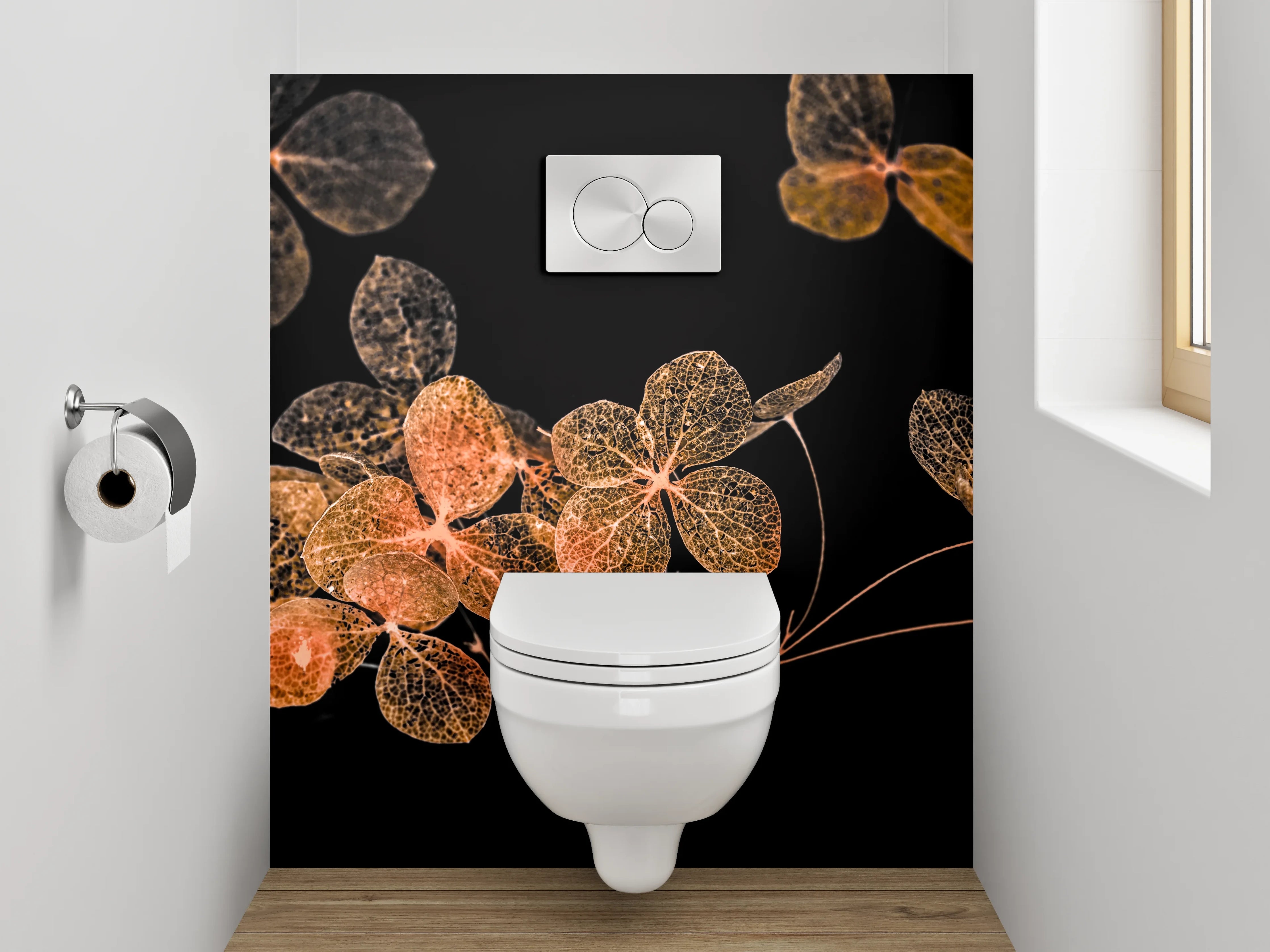 WC-Rückwand - Filigrane Blüten auf Schwarz – Kunstfotografie