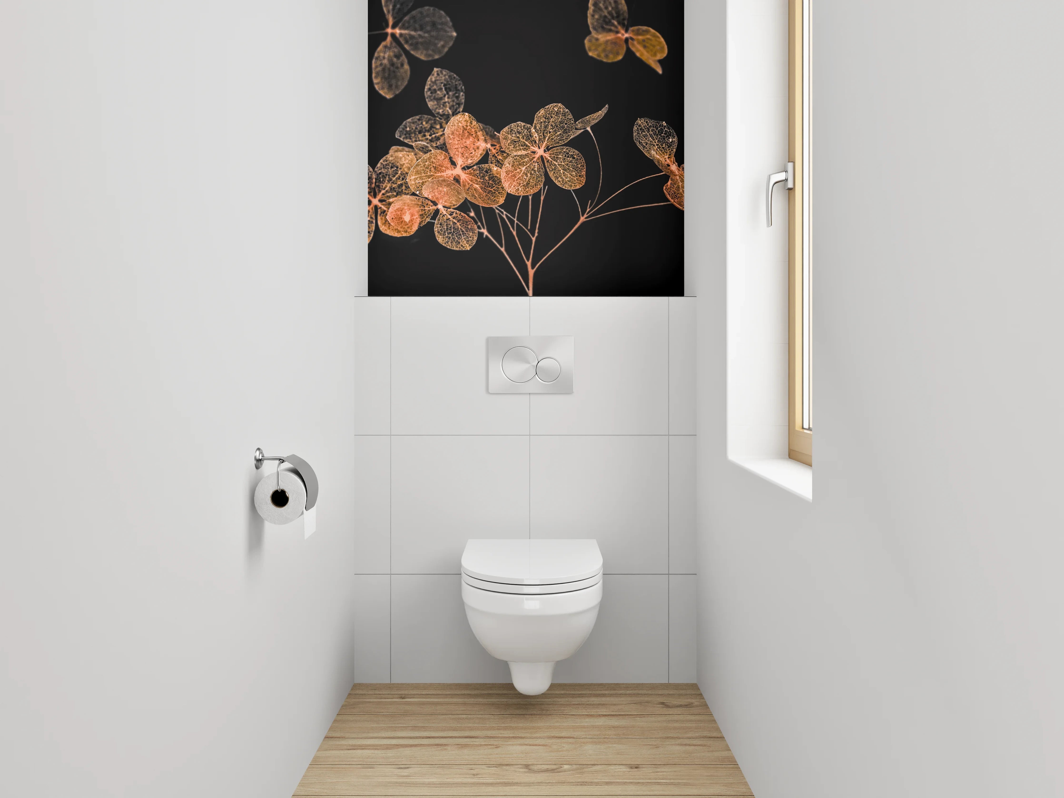 WC-Rückwand - Filigrane Blüten auf Schwarz – Kunstfotografie