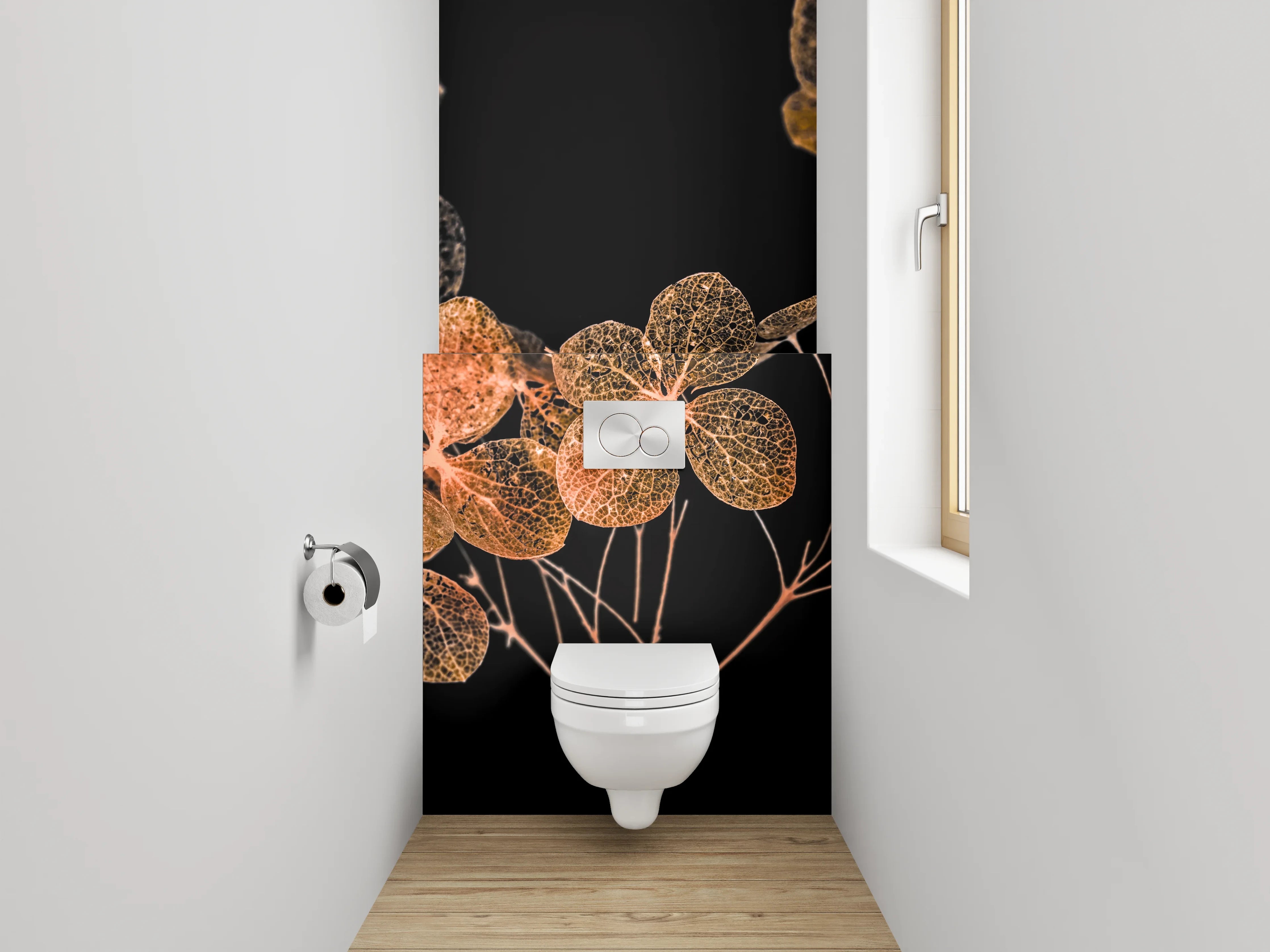 WC-Rückwand - Filigrane Blüten auf Schwarz – Kunstfotografie